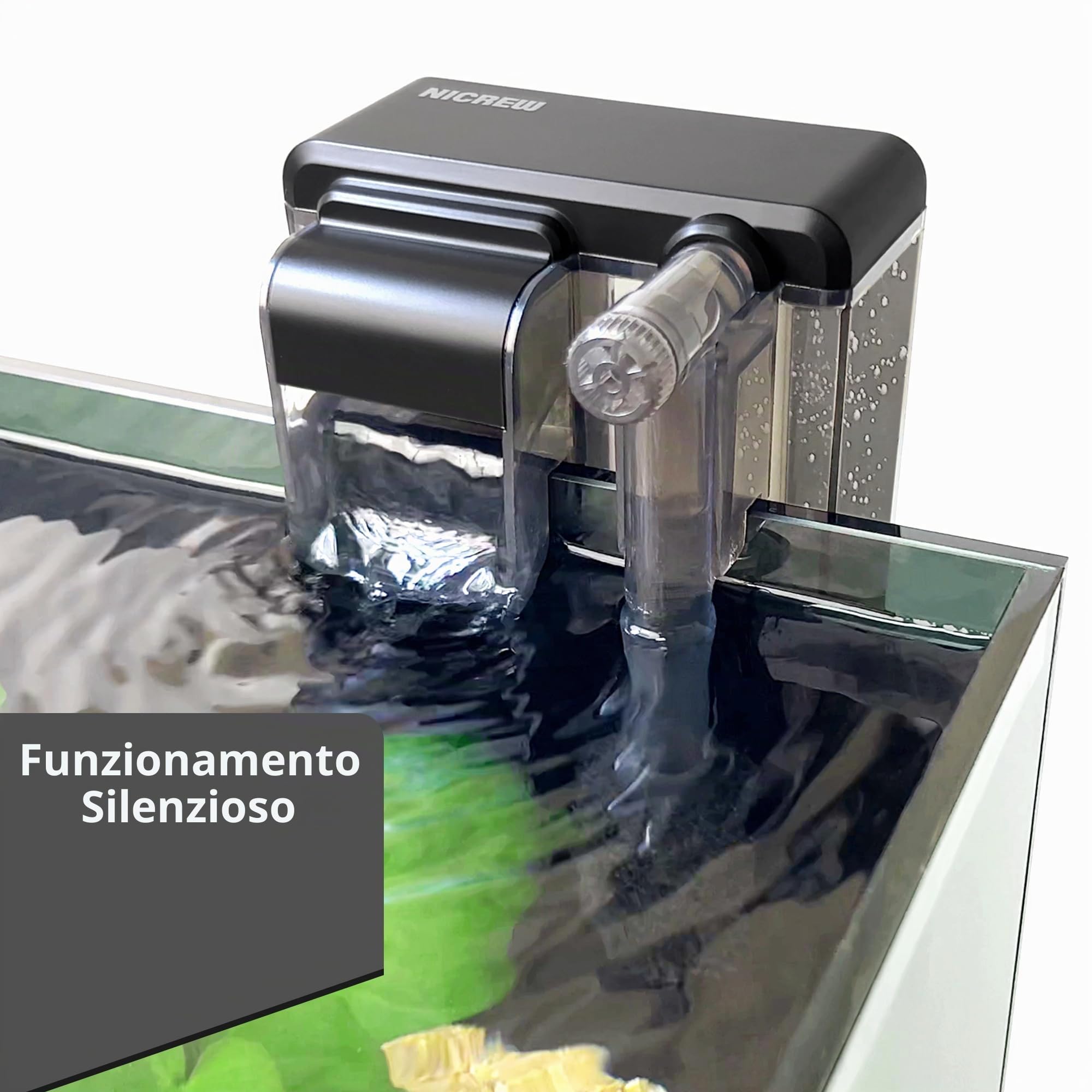 NICREW Filtro sottile per acquario, silenzioso, filtro esterno per acquari fino a 20 l, flusso regolabile, 160 LPH, 3 W