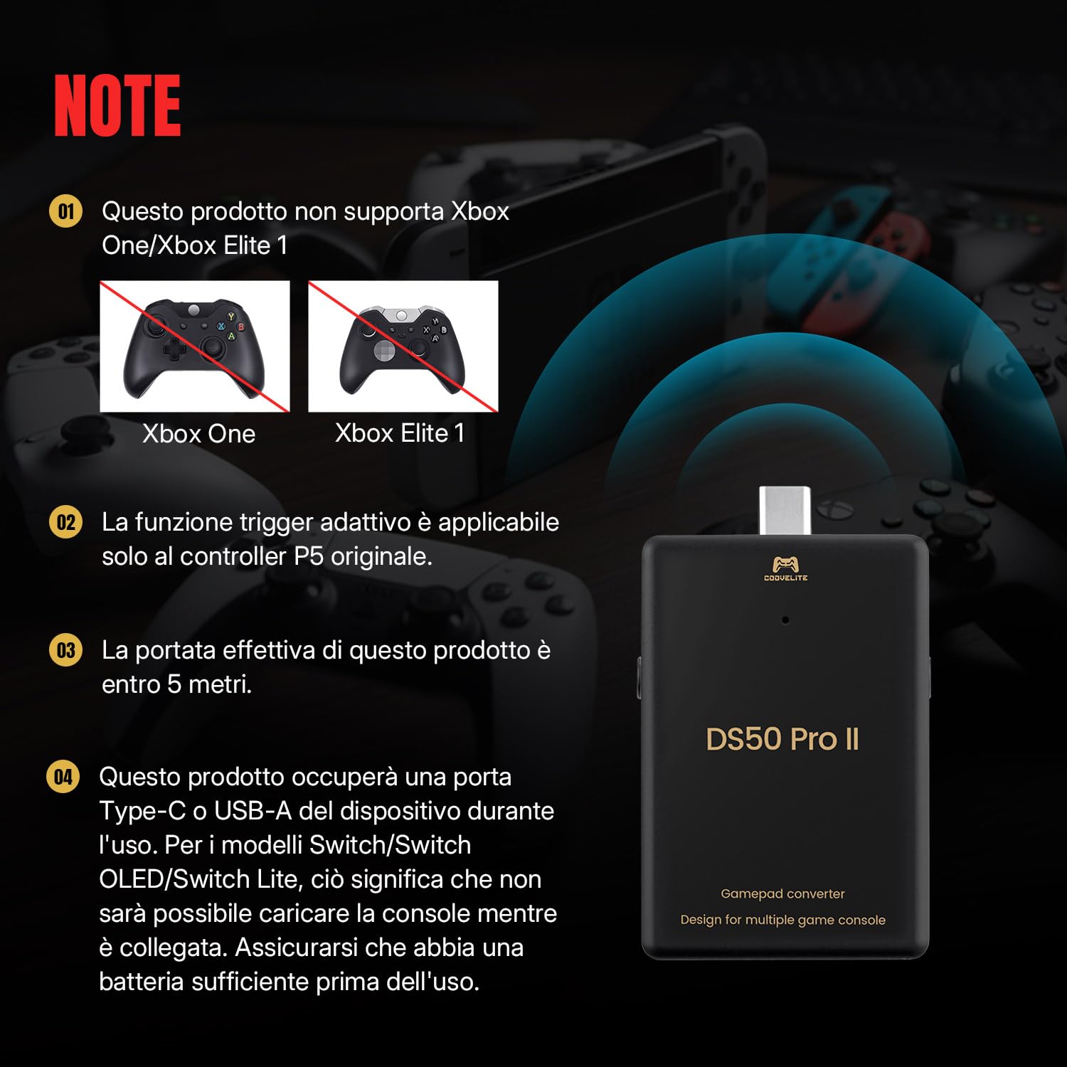 Mcbazel Besavior DS50 PRO2 Convertitore per Gamepad, supporta controller PS5/PS4/Xbox One S/Xbox Series X/S/Xbox Elite 2/Switch Pro su PS5/PS4/PS3/PC/Switch 2 e 1/Lite, audio integrato da 3,5 mm,