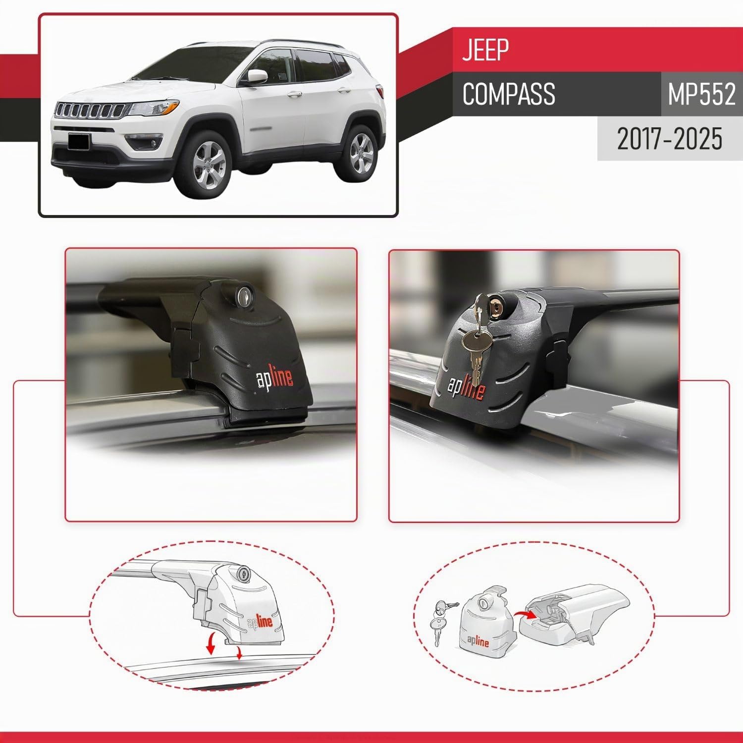 Compatible con Jeep Compass (MP552) 2017-2025 Modelo Ace-2 Barra de Techo Auto Portaequipajes Barras Transversales Negro Aluminio 2 Barras