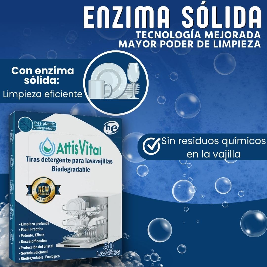 Detergente Lavavajillas Ecológico en Tiras AttisVital – 400 Lavados –Vegano, Biodegradable – Sin Plástico, Fosfatos ni Cloro – Limpieza, Abrillantado y Antical (400)
