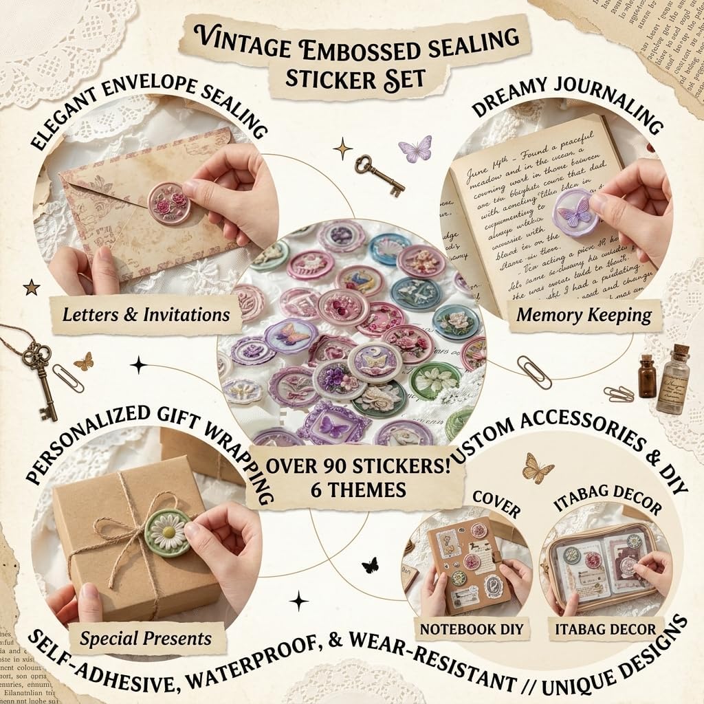 90PCS Vintage Wax Seal Stickers, Floral & Butterfly Envelope Stickers