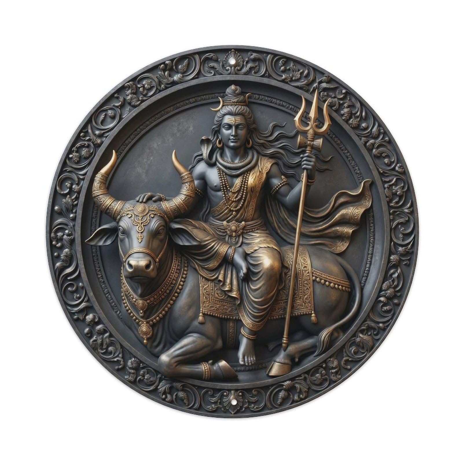 Shiva Riding Nandi Bull Mount Trident Relief Sculpture Metal Tin Sign