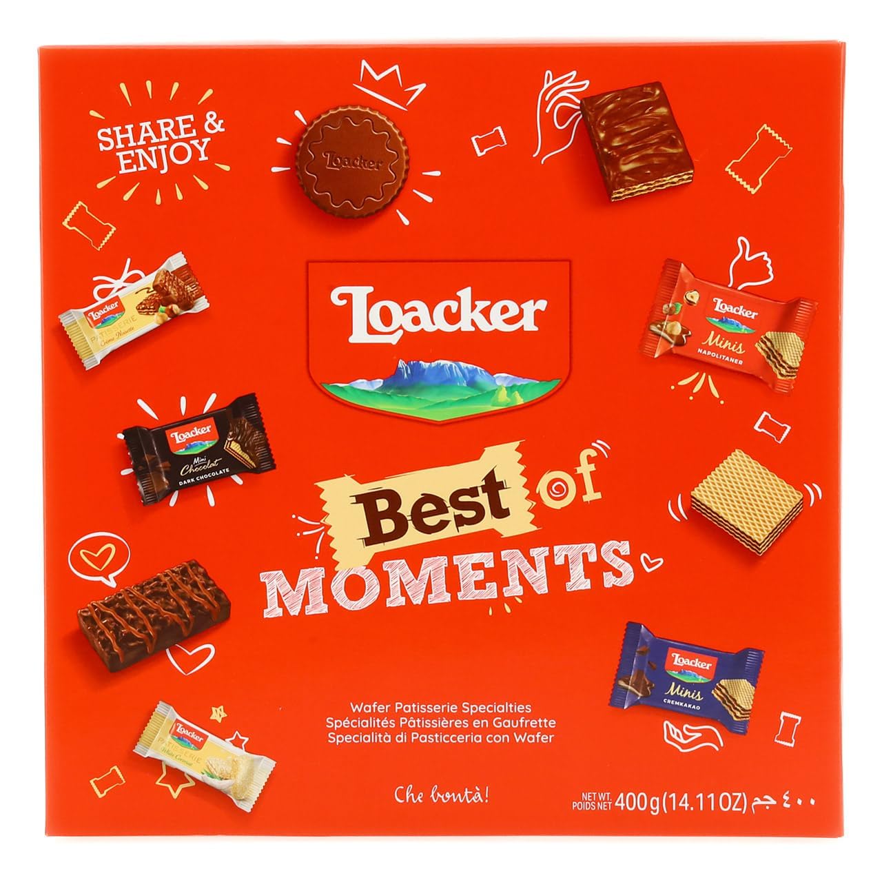 Loacker Best of Moments Variety Pack - Selection of Best Premium Wafer and Chocolate Specialties and Chocolates from Italy, Variety of Flavors - Party Gift Box of 44 Individually Wrapped Wafers