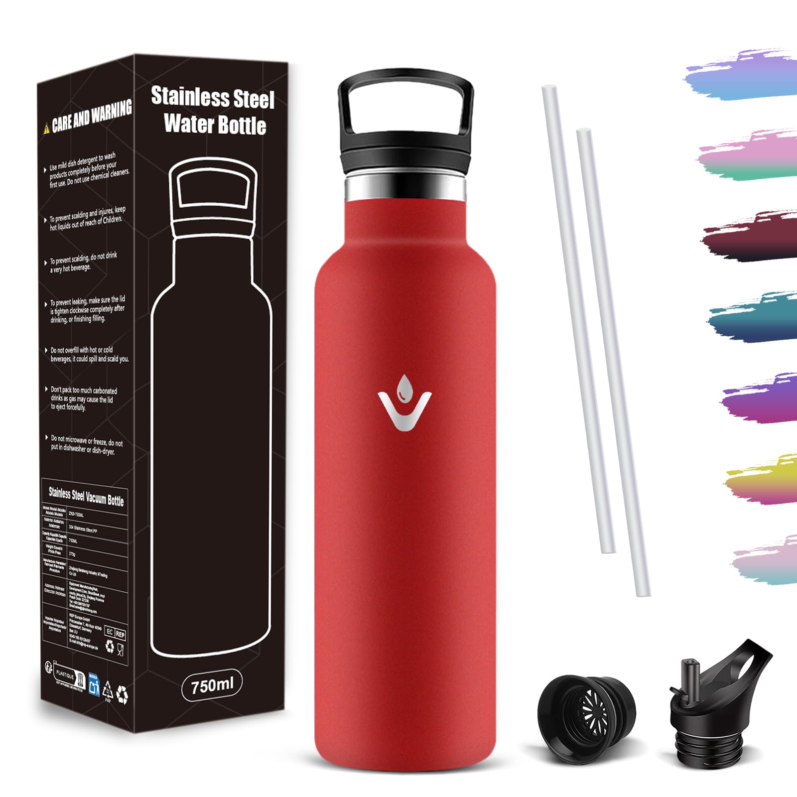 Mujigaga Insulated Water Bottle, 750ml, BPA Free, Double Walled, Straw Water Bottle with 2 Caps, Leakproof Stainless Steel Water Bottle for Sports, Travel, Camping, Gym