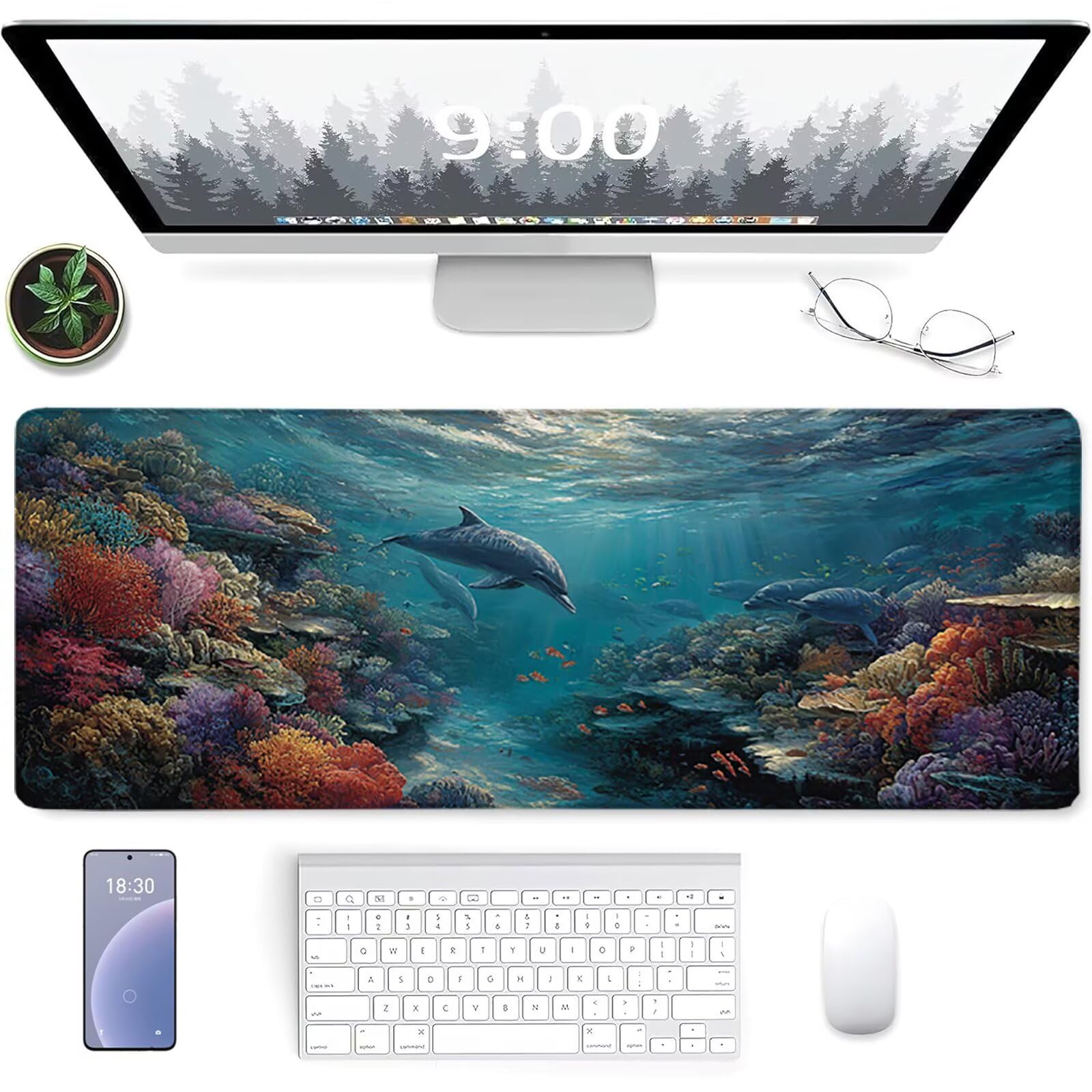 Podkładka pod mysz do gier Delfin 1000 x 500 x 3 mm, ocean XXL, podkładka pod mysz do biura, podkładka pod mysz z gumową podstawą, akcesoria biurowe, mysz ze szwami na krawędziach, dla graczy, K-7548