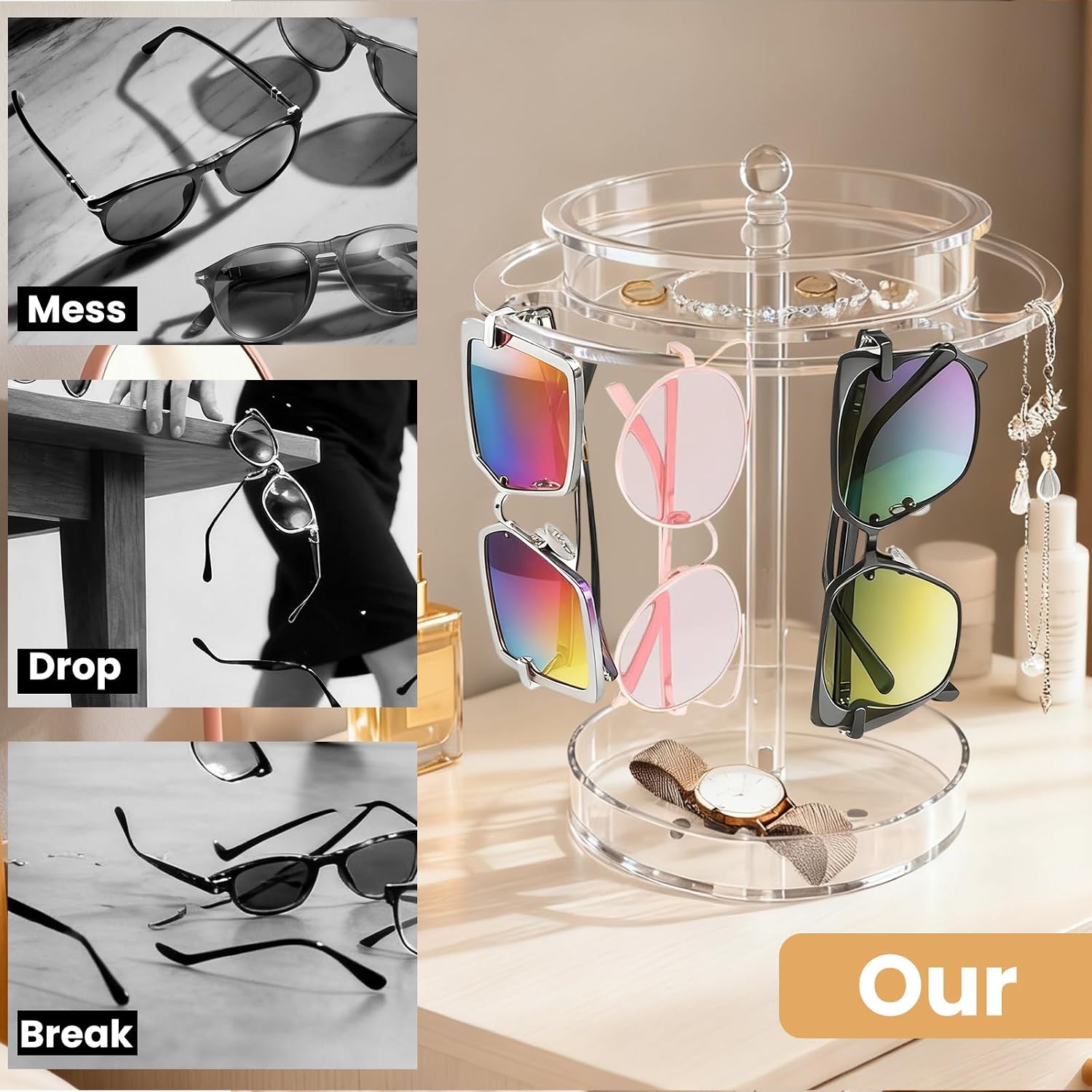 Acrylic Sunglasses Holder Stand with 360° Rotation - Double-Layer Trays, Dustproof Top Lid, Clear Eyeglasses Display Rack for Tabletop/Vanity/Office - Space-Saving, Shatter-Resistant & Modern Decor