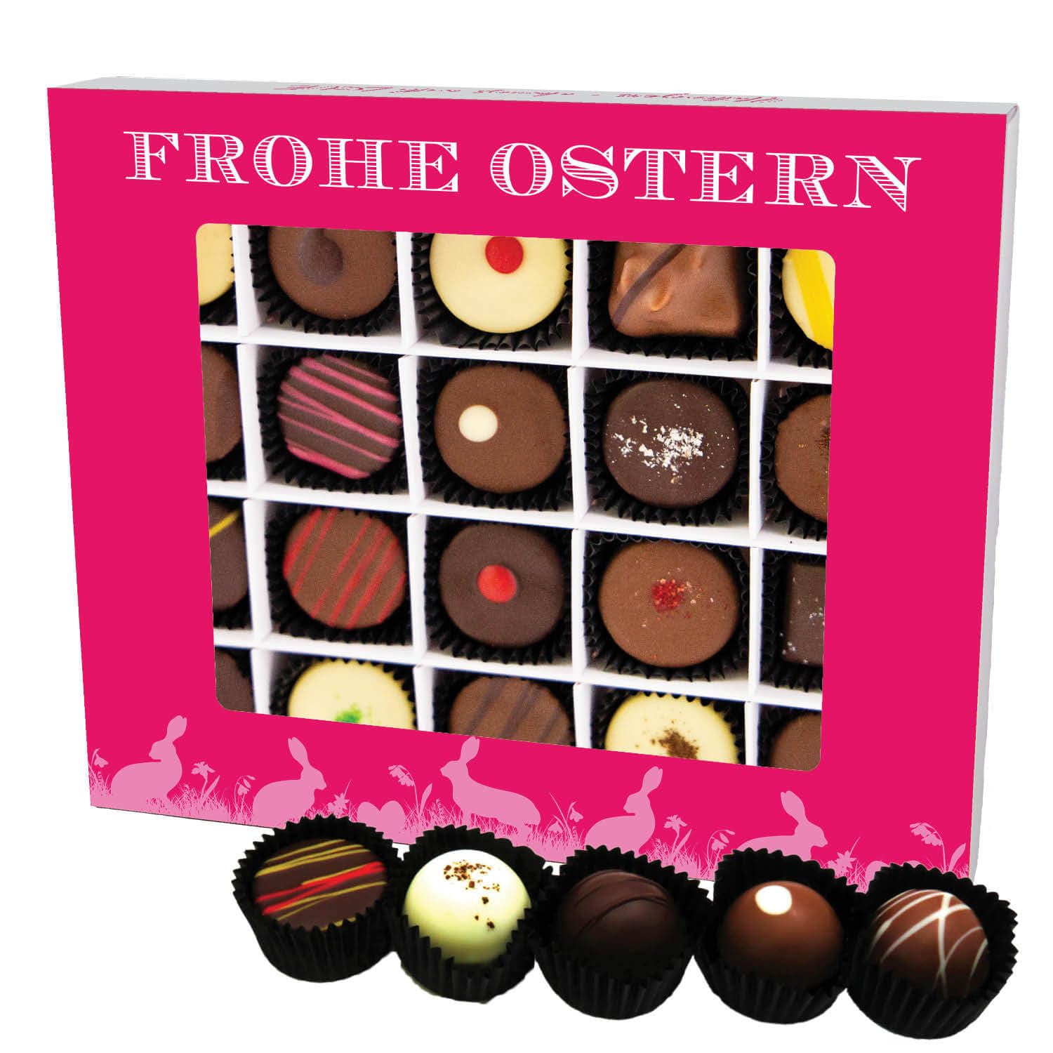 Hallingers Genuss Manufaktur Pralinen Oster-Geschenk - mit & ohne Alkohol, handmade aus Confiserie-Edelkakao in wertiger XL-Geschenkbox ""Frohe Ostern pink"", Ostern Körbchen für Frauen Mädchen