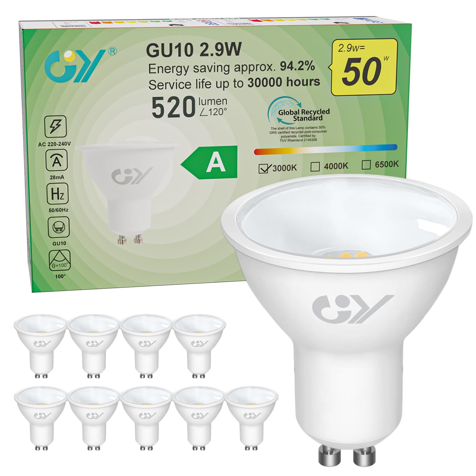 GY GY GU10 2.9W Class A Ultra Energy Efficient LED Bulb 3000K Warm White,520LM Energy Saving Equivalent 50W,110 ° Light Angle,Non-Dimmable,Pack of 10