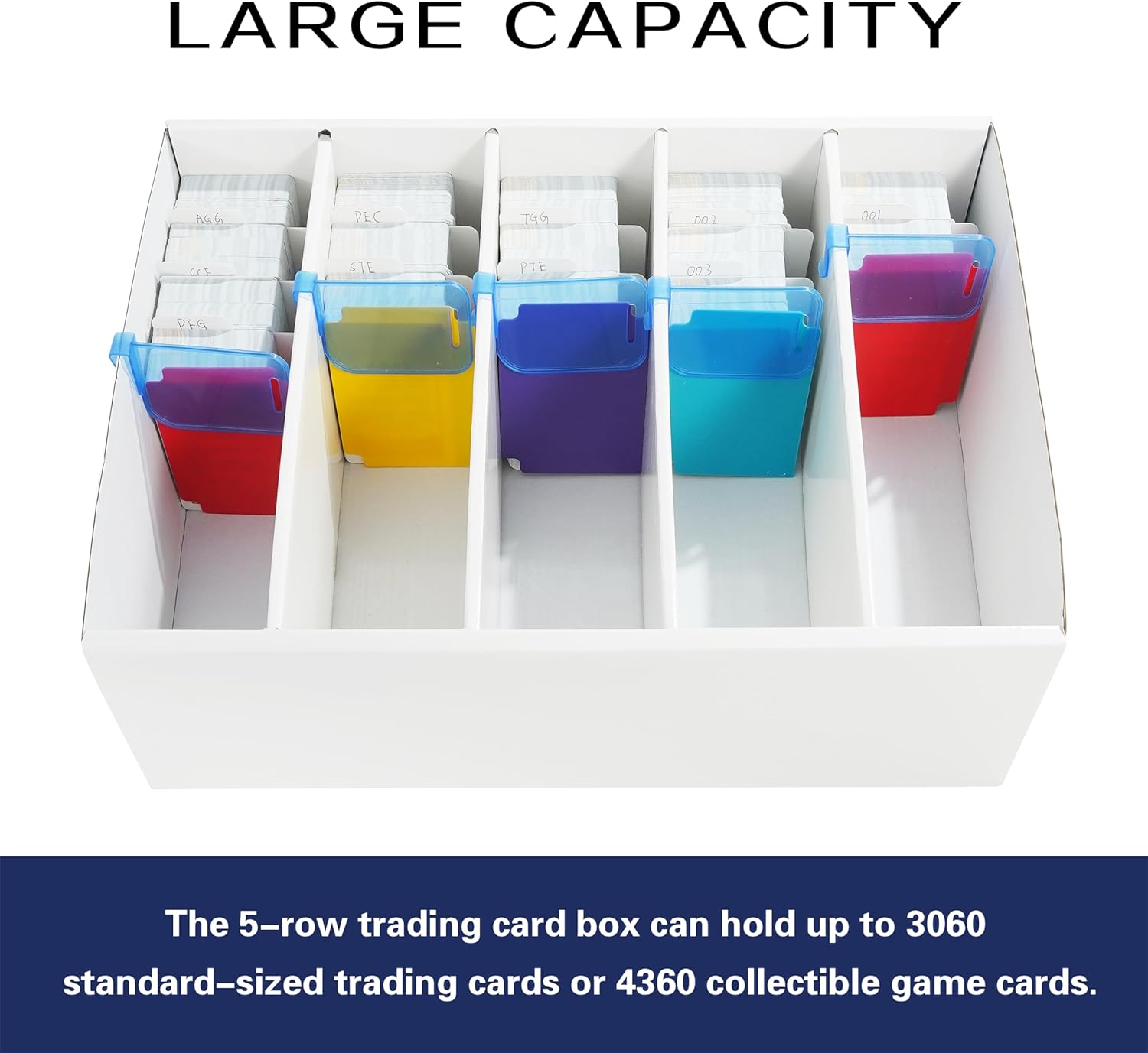 Aufind 5 Row Trading Card Storage Box, 12 Plastic & 18 Paper Dividers with 5 Supporters, Water-Resistant & Double-Layered Sports Card Case, 1 Drawstring Bag