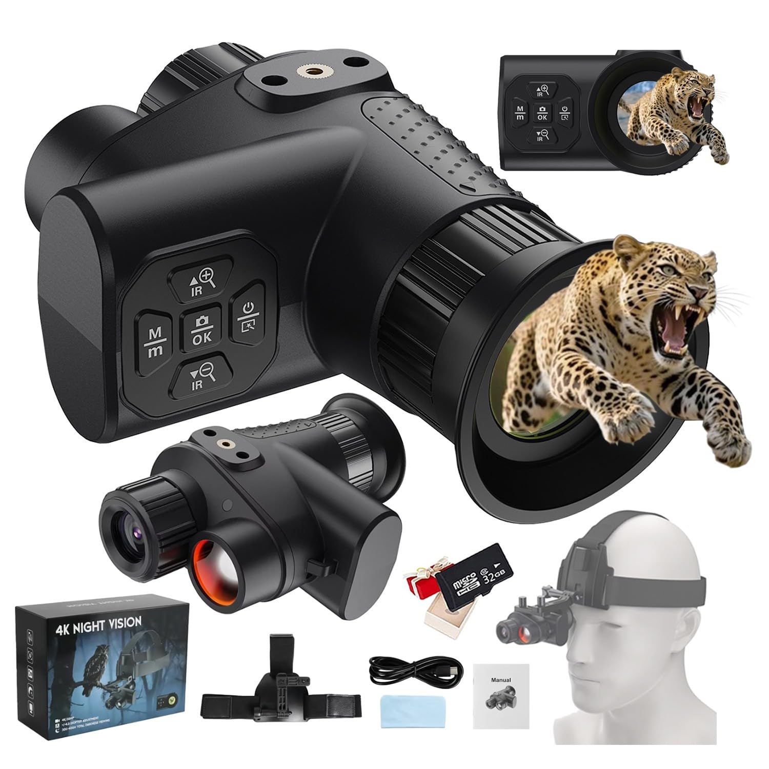 Nachtsichtgerät mit Sternen Lichtsensor, 8X Digital Zoom IR-Helligkeit Nachtsichtbrille Infrarot Monokular für Erwachsene & Jagdcamping Nachtsicht & Tag Militär Freihändiges NGV für Helm