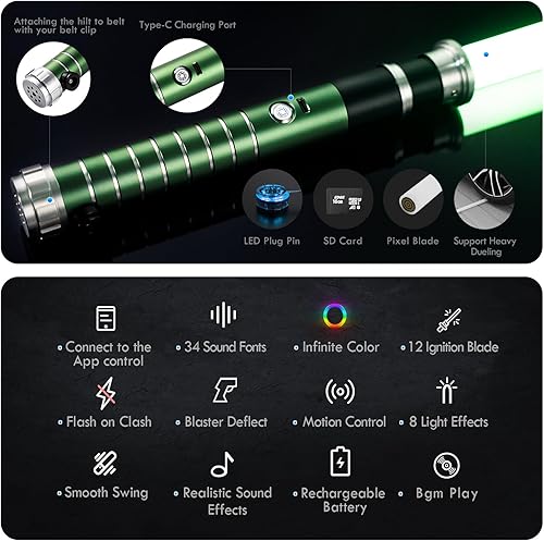 Miniatura 8 de DAMIENSABER Sable de luz verde RGB3.0 con oscilación suave, control de movimiento, sable de luz de duelo de 16 fuentes de sonido con cambio
