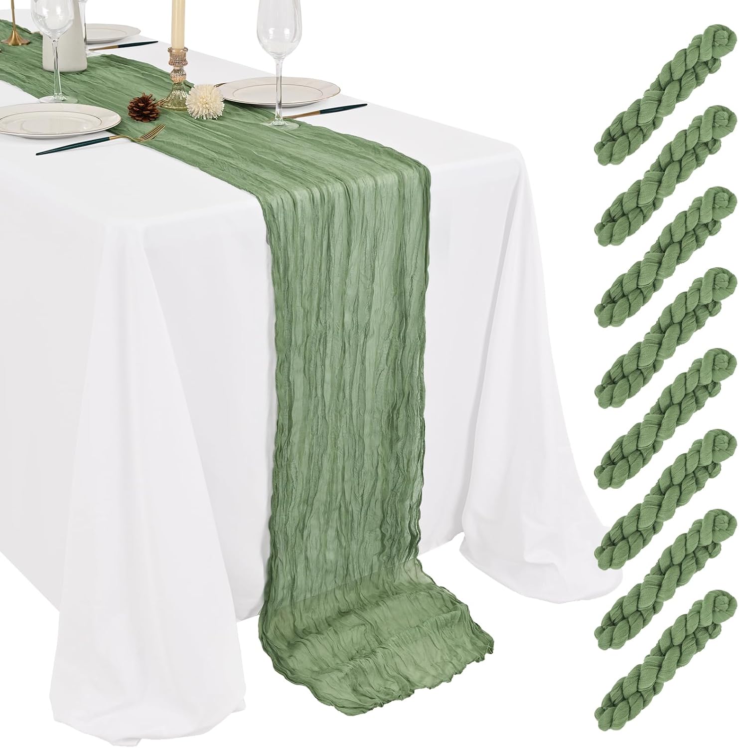 Showgeous 8 Pack Sage Green Cheesecloth Table Runner 17 x 108 Inch | Sage Green Table Runner Semi Sheer Boho Cheese Cloth Table Runner for Wedding Bridal Party Rustic Farmhouse Decoration