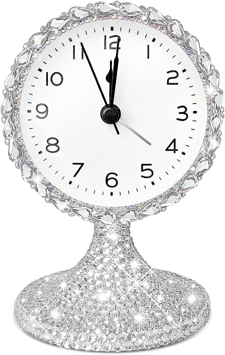 Bling Vintage Table Clock on Stand, Decorative Desk and Shelf Clock,Non-Ticking Metal Frame with Glitter Rhinestones for Office, Living Room or Bedroom