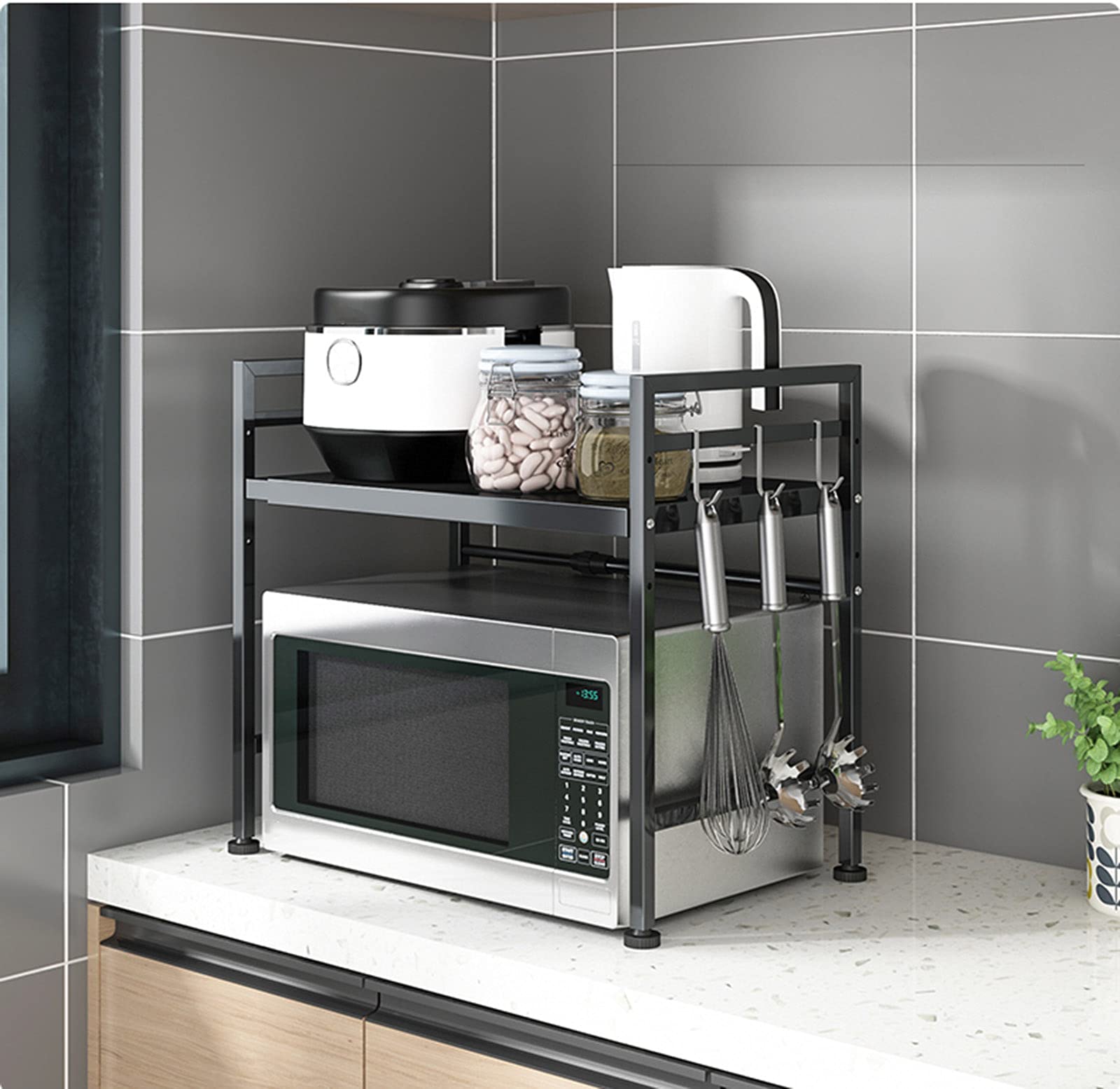 Verstellbarer Mikrowellen Ständer 2/3-stufiges mit 3 Haken, Erweiterbar 40-60cm & Höhenverstellbar 5cm, Küchentheke Ständer Regalregal Organizer, Schwarz