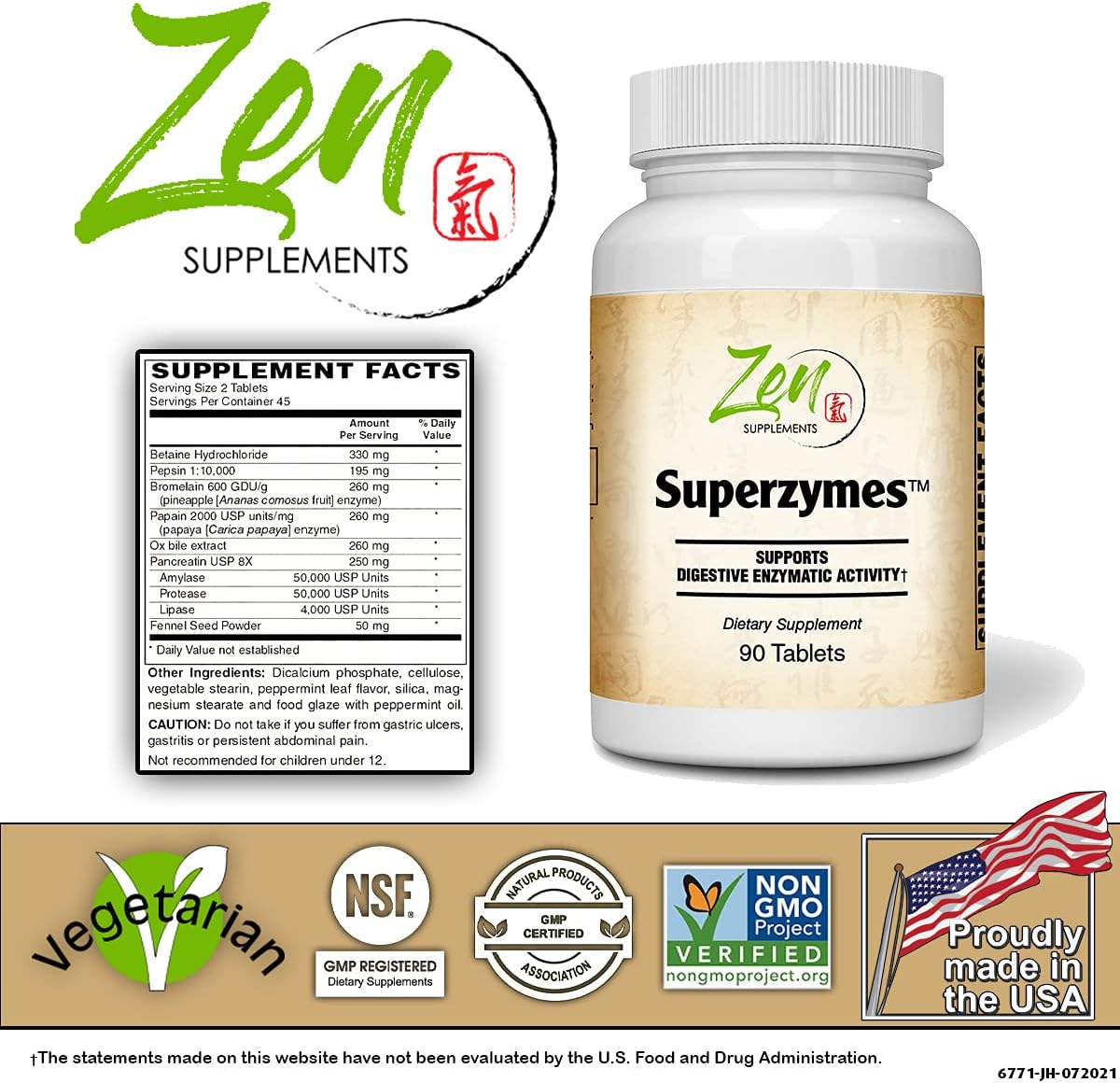 Zen Supplements - Superzymes Superzymes Multi-Enzyme Formula containing Pepsin, Bromelain, Papain, Pancreatin, & Betaine HCL 90-Tabs