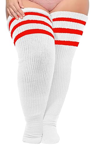 Moon Wood Plus Size Thick Thigh High Socks for Thick Thighs- Extra Long Striped Over the Knee Halloween Socks Leg Warmers - Large Plus - White & Red