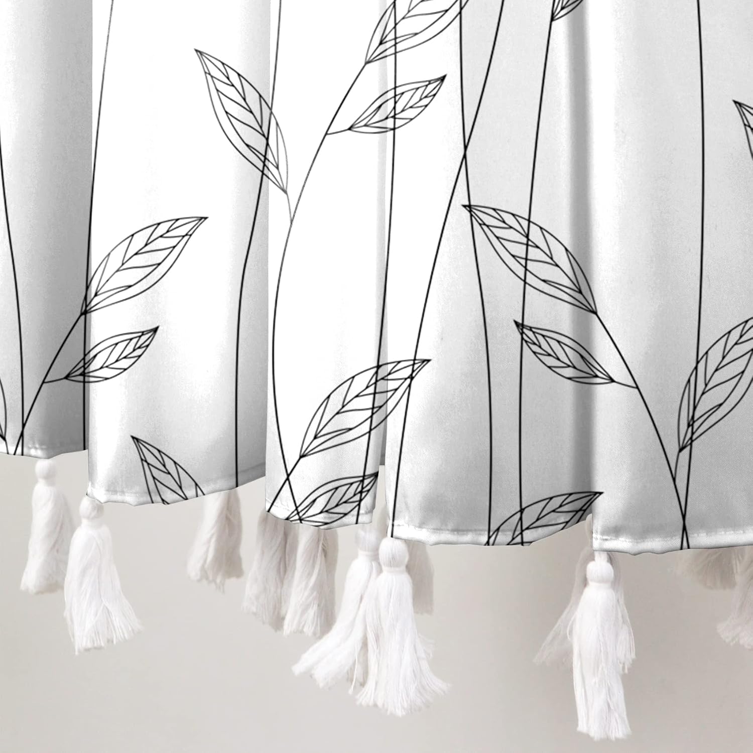 White Leaves Shower Curtain with Tassels, Modern Plant Bathroom Curtain with Tassels, Minimalist Boho Tassels Shower Curtain Set with 12 Hooks for Bathroom, L2, 72Wx72L