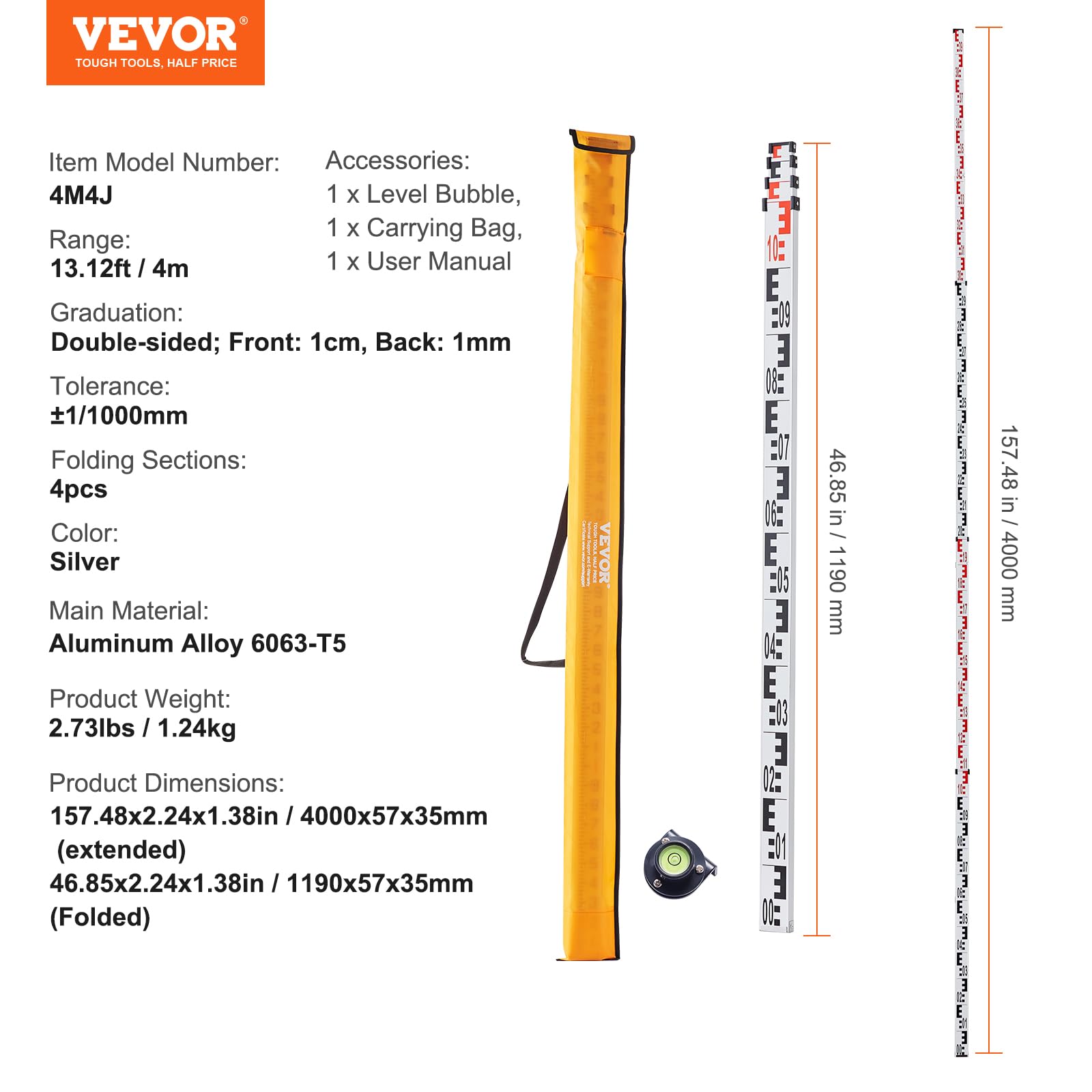 VEVOR Tige de mesure télescopique métrique 4 m, mire télescopique de mesure double face en cm/mm règle en alliage d'aluminium avec niveau à bulle et sac de transport pour mesurer maisons, murs, sols