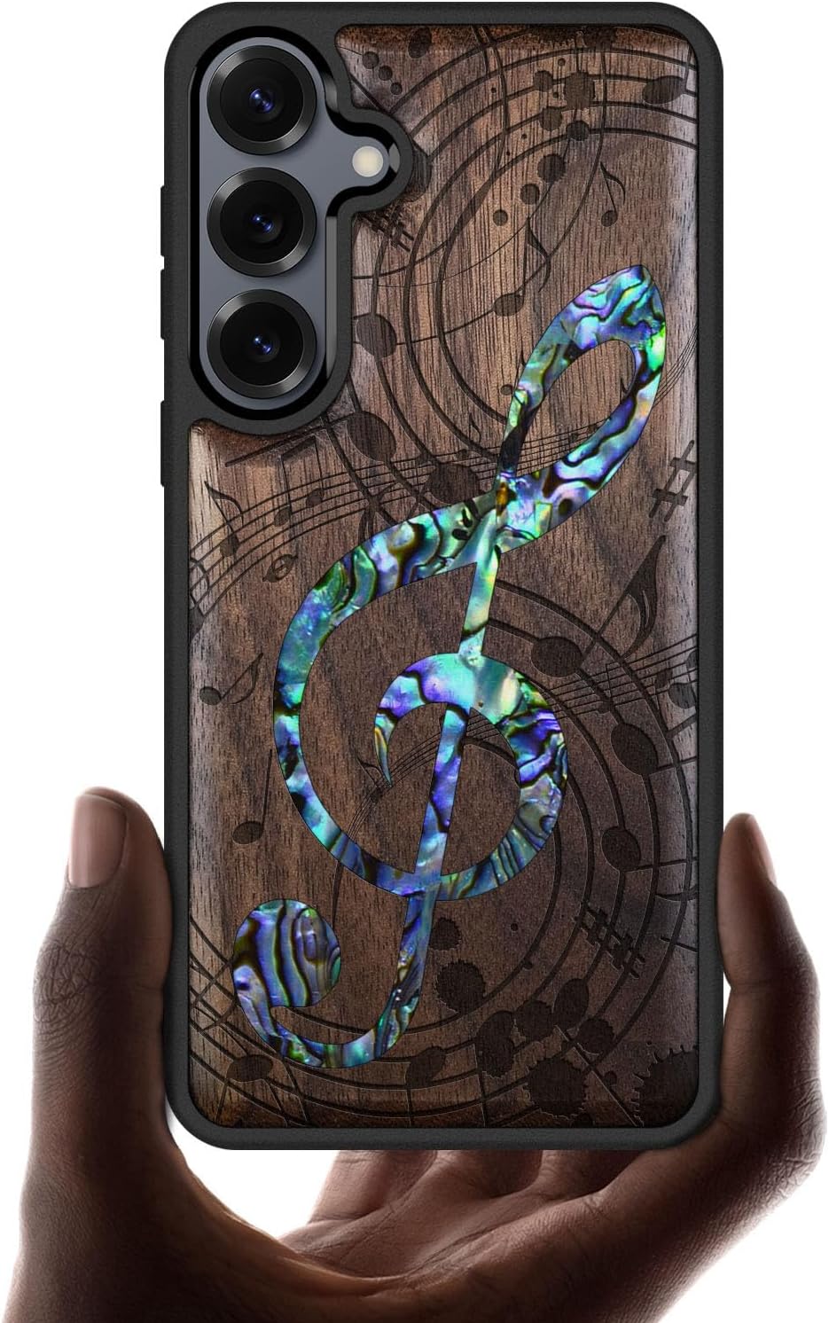 Carveit Magnetic Wooden Case for Galaxy S25+ / S25 Plus Case, Wood Artisan Engraved & Handmade Shell Inlaid, Compatible with MagSafe Wireless Chargers (Musical Note) Walnut