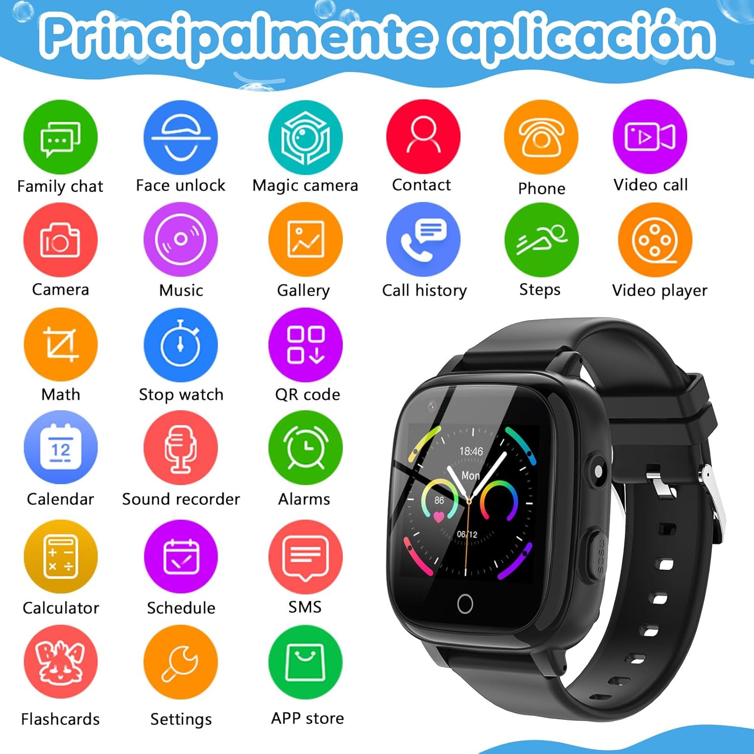 ele ELEOPTION 4G Smart Watch for Kids Ages 4-12 Kids Watch Support 2 Way Call, SOS Alerts, Parental Controls, Games, Camera, Alarm, Music Children's Waterproof Smartwatch Calling Gift Black