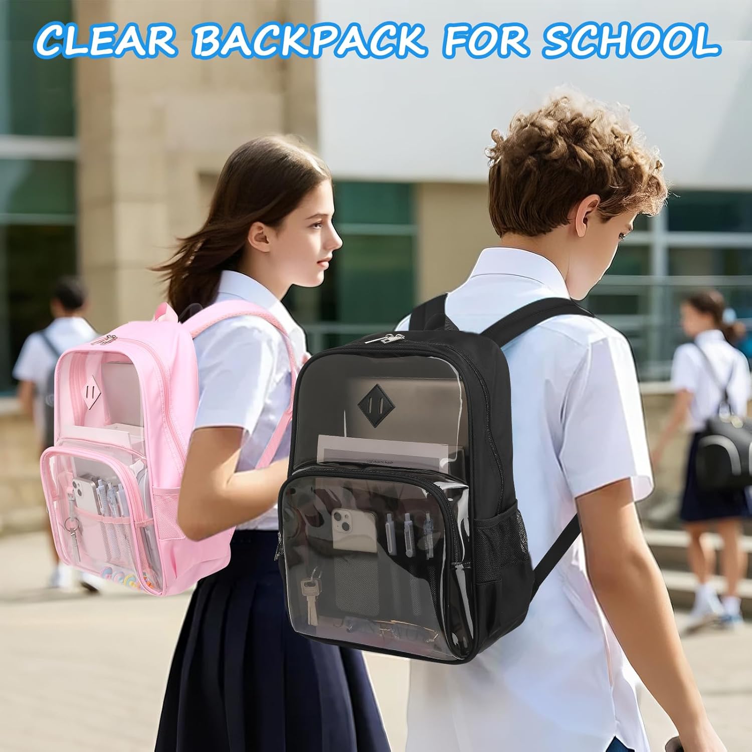 Clear Backpack Heavy Duty for School - Waterproof PVC & Oxford Fabric 2-in-1 Design, Reinforced Shoulder Straps, Clear Bookbag for Girls, Women and Men Smoky - Image 2