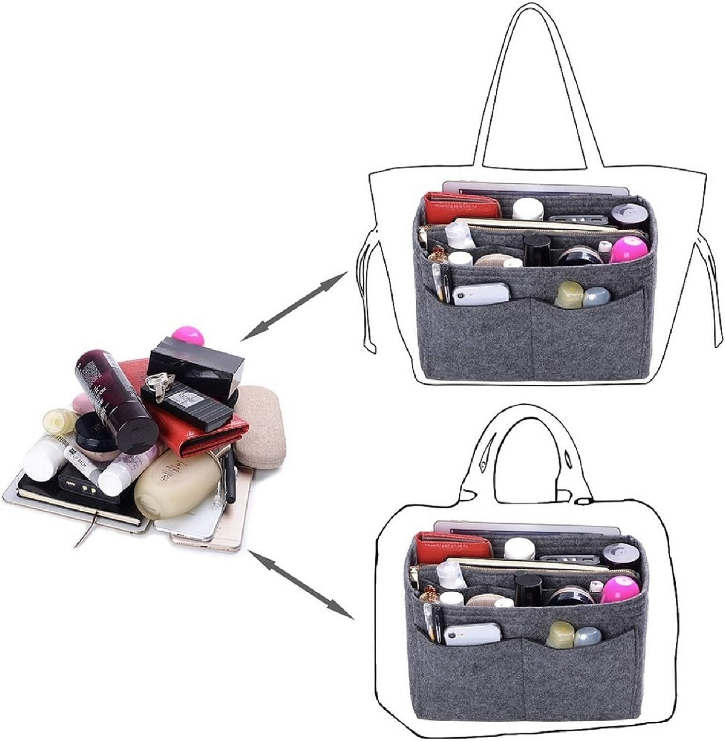 Purse Organizer Insert for Handbags, Premium Felt Organizer with Zipper Pocket (Large, Grey) 2