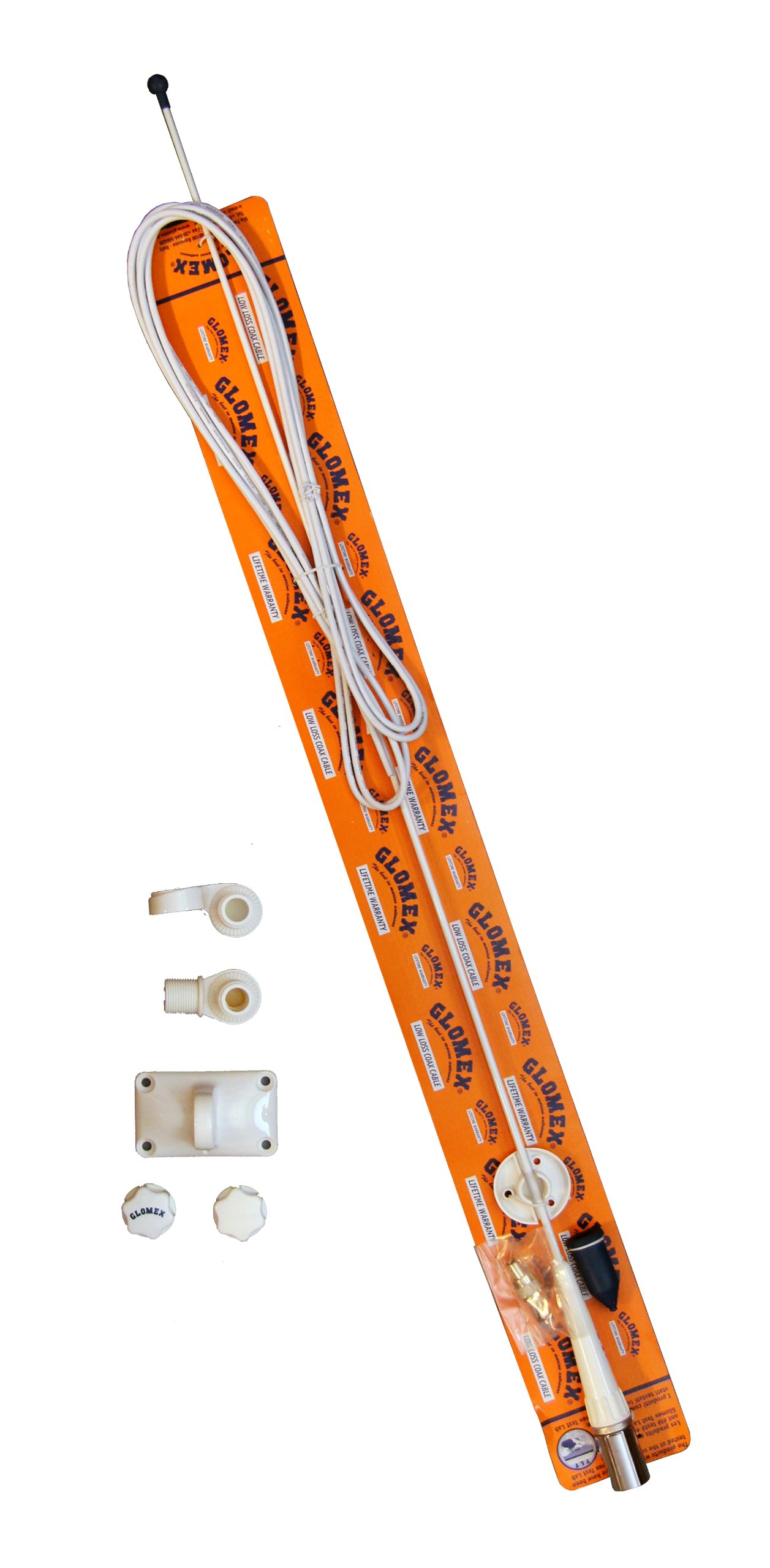 Glomex RA-106-GRP Endgespeiste UKW VHF Antenne Seefunkantenne aus Fiberglas 1 m Gesamtlänge mit 4,5m Kabel RG-58 Halterung 4-Wege-Kippfuß Nylon, Decksdurchführung, Kabelabdeckung, PL-Stecker
