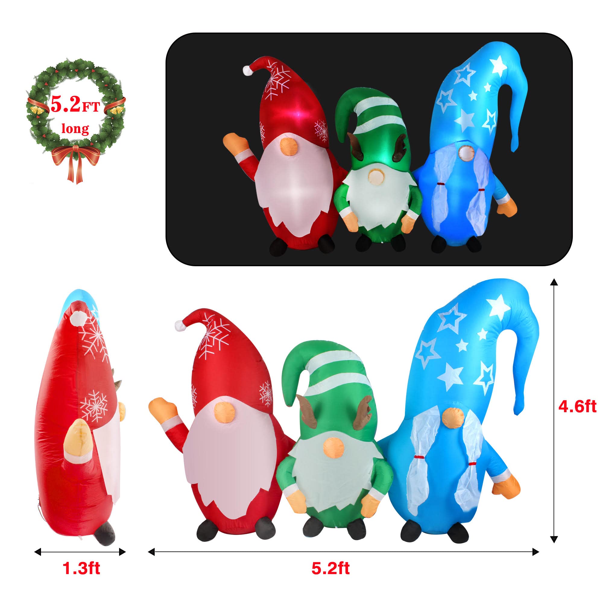 BEBEKULA Christmas Inflatables Outdoor Three Christmas Gnomes, Blow Up Yard Decoration Clearance with LED Lights for Christmas Party Indoor, Outdoor, Yard, Garden, Lawn Winter Holiday Decorations