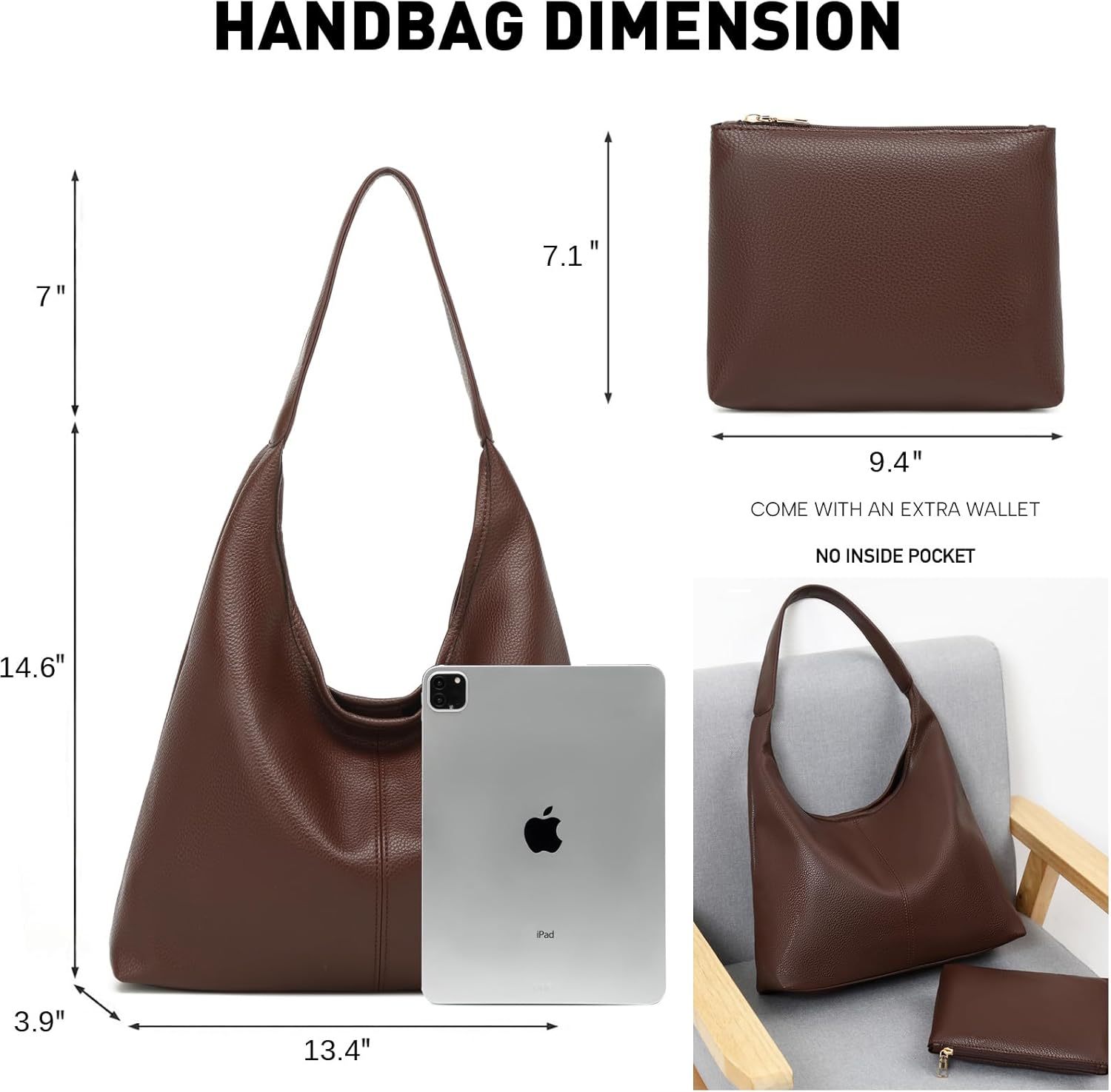 Casual Hobo Bag for Women Soft Shoulder Bags Slouchy Pu Leather Tote Purses for Work Travel - Image 4