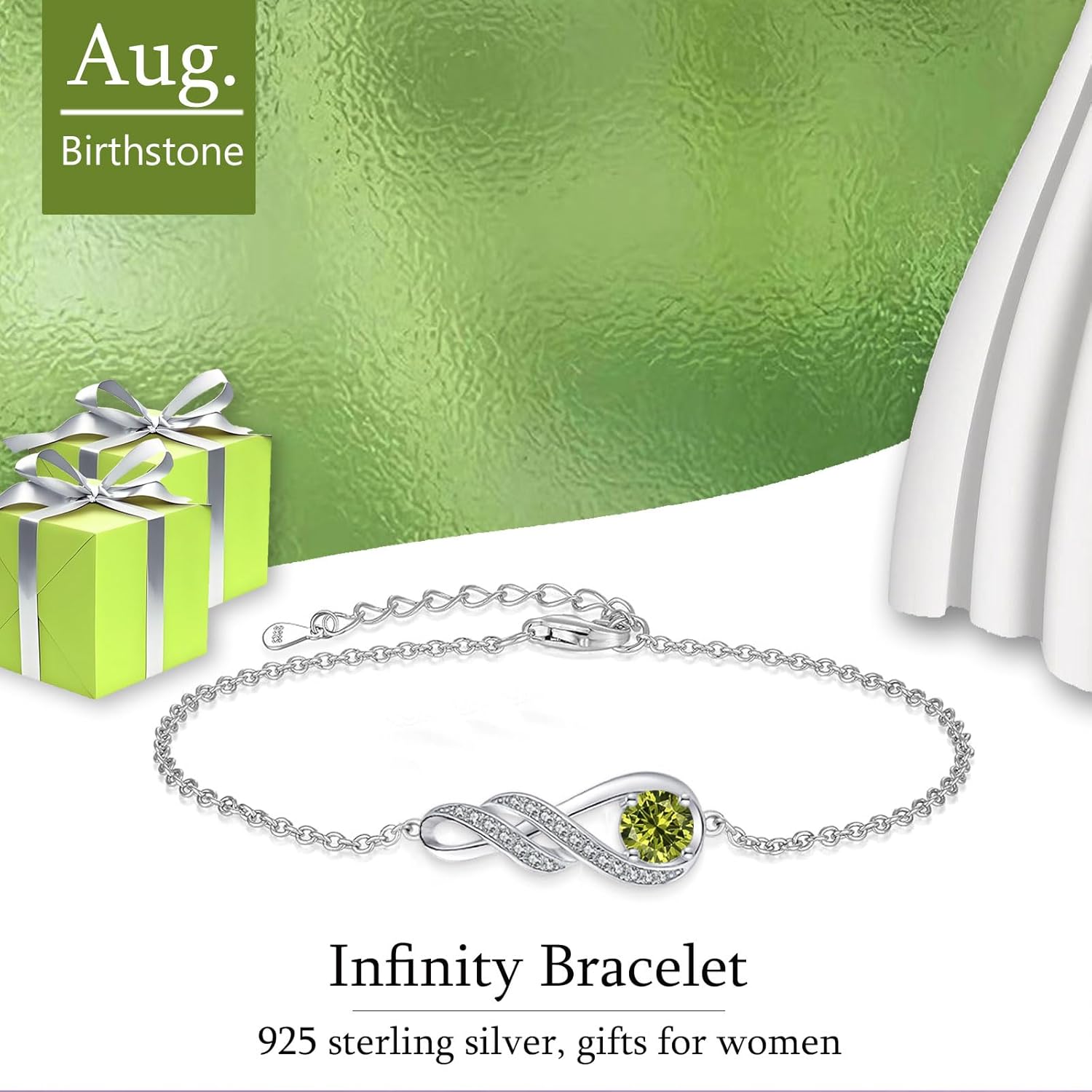 Birthstone Bracelets for Women 925 Sterling Silver Created Gemstone Bracelet Infinity Pendant Jewelry for Her, 6.7"+1.2" - Image 6