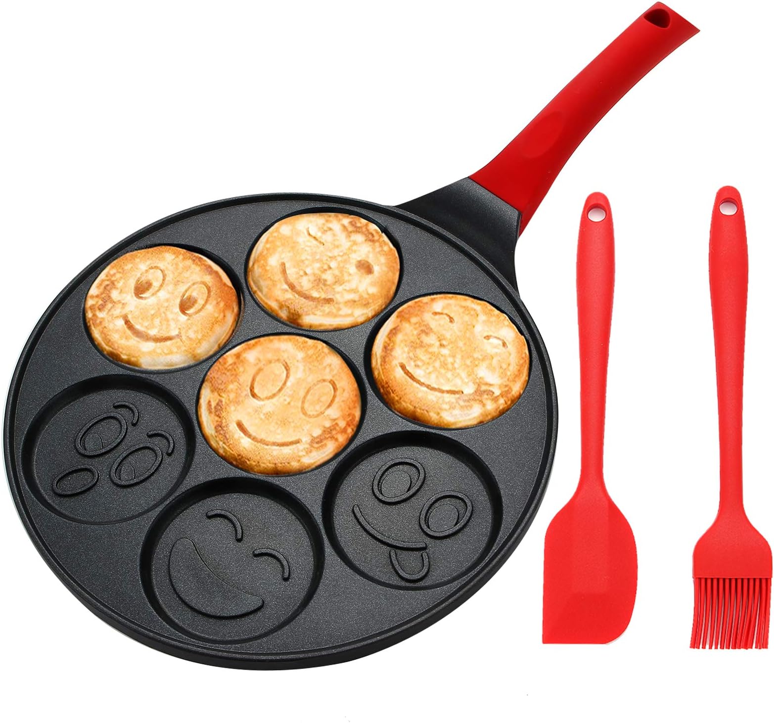 Kids Pancake Griddle Pan, Smile Face Pancake Mold, Nonstick Grill Pan, Mini Blini Pancakes Mold for Children, 10 Inch, With Silicone spatula & Silicone Brush