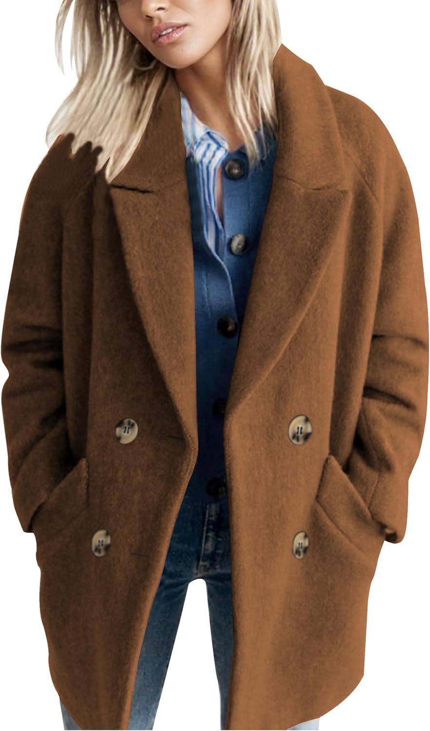 HangNiFang Womens Wool Blend Winter Pea Coat Notched Lapel Winter Warm Trench Coat with Pockets