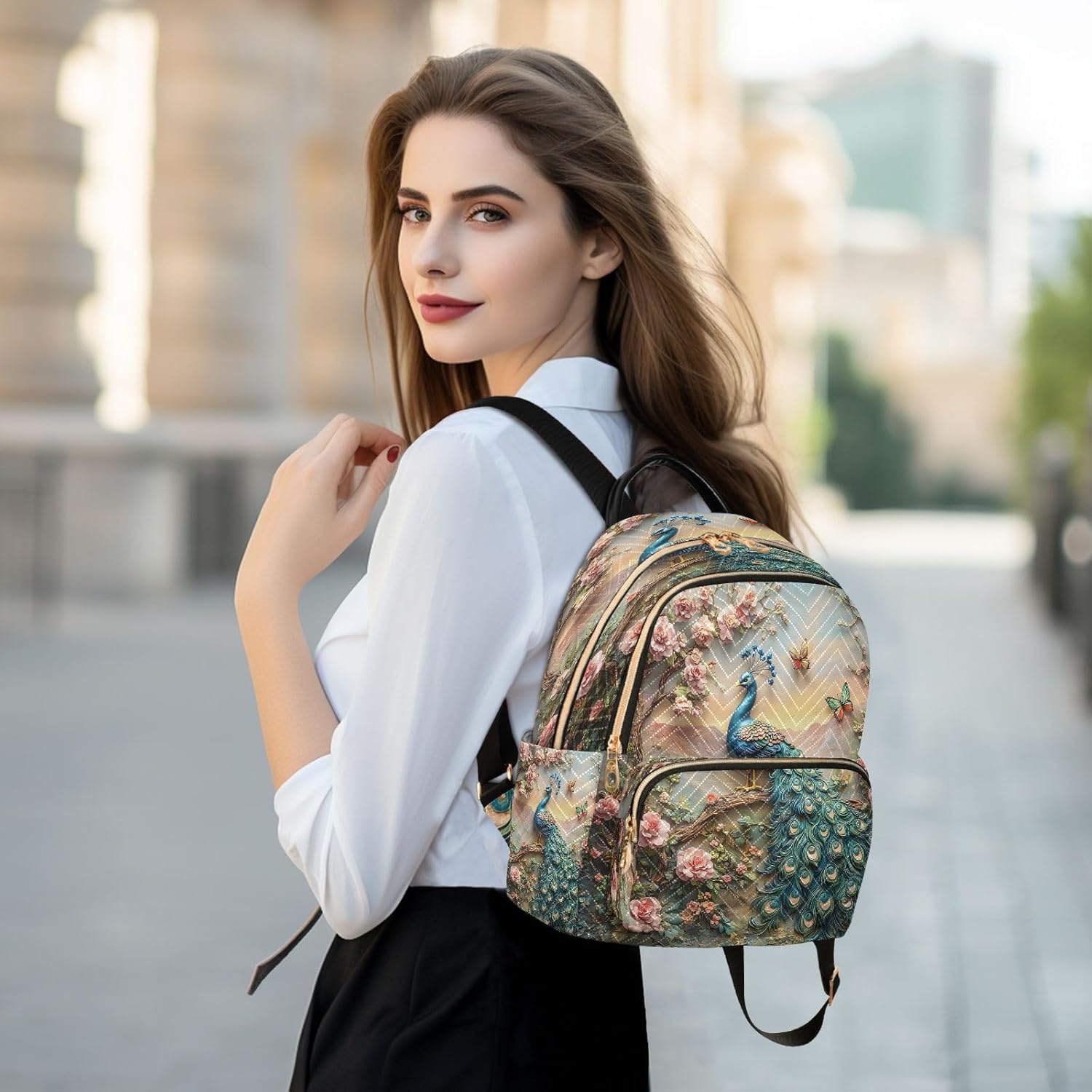 ALAZA Peacock Butterfly Peony Women Backpack Purse Ladies Fashion Shoulder Bag Daypack Travel Bag 10L