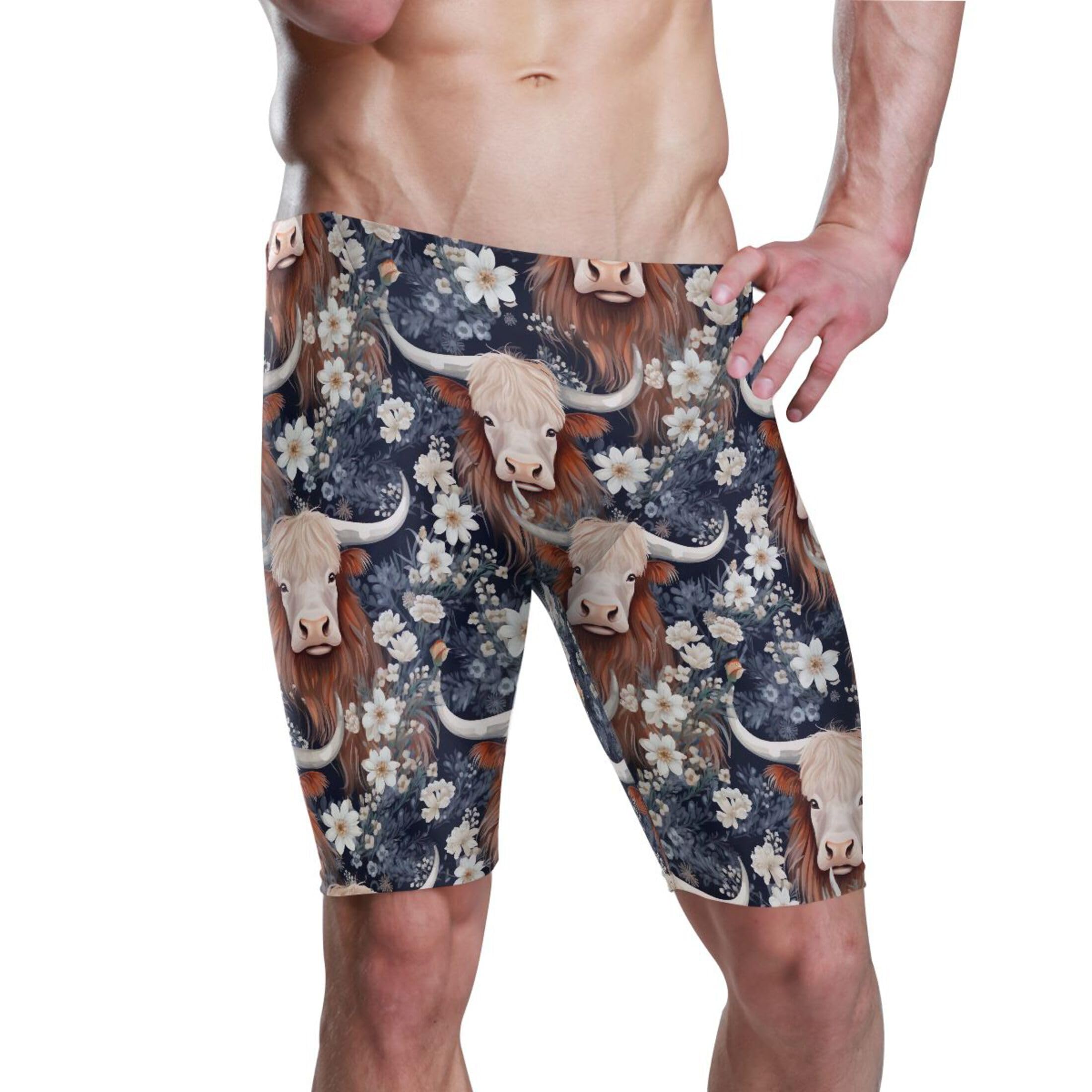 Highland Cow Flowers Animal Swim Jammers for Men Athletic Durable S B0403268