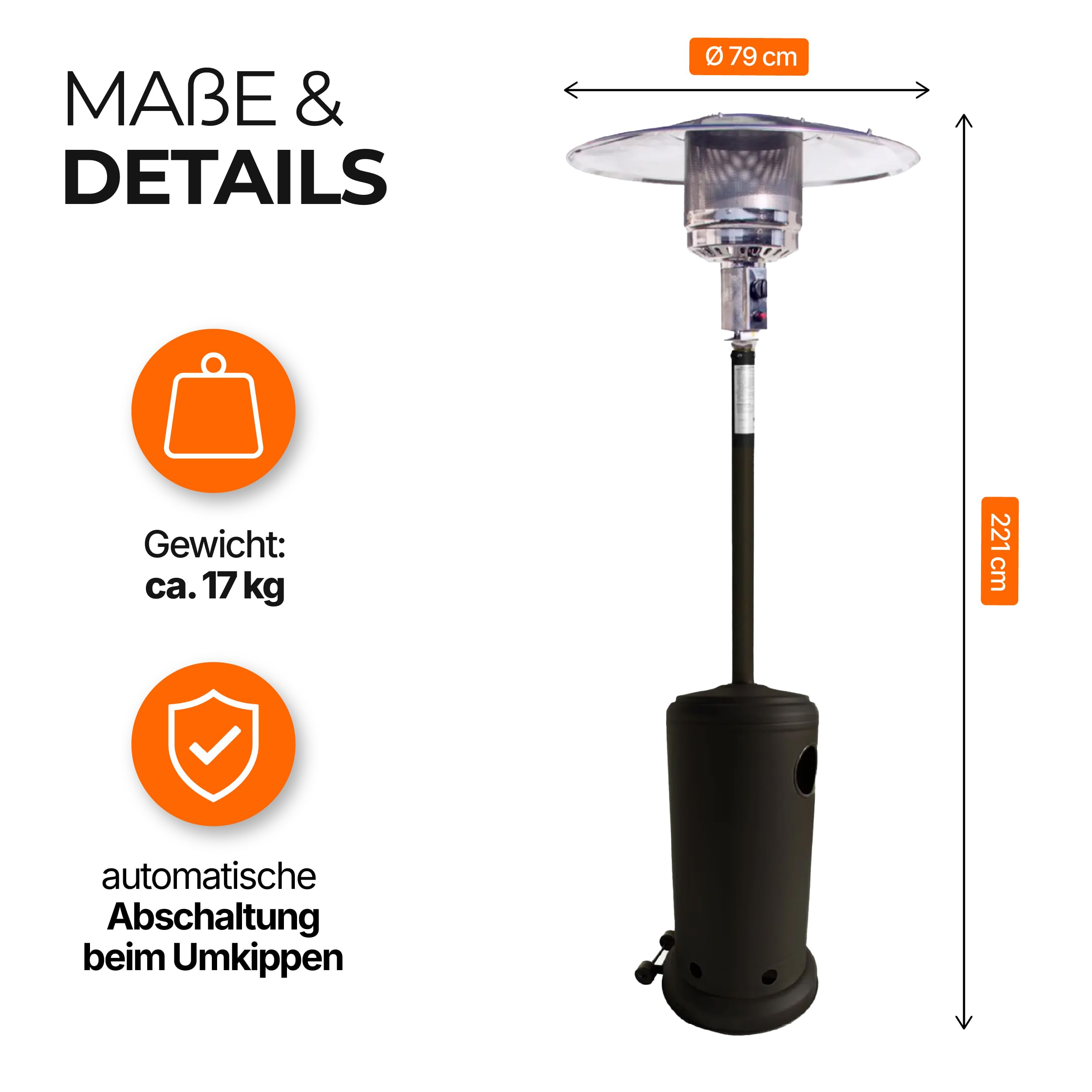 Lemodo Heizpilz 14 kW, Gasheizstrahler mit Piezo-Zündung, stufenlos regulierbar, mit Rädern und Umkippsicherung, für Terrasse, Garten, Sitzgruppen und Außenbereiche, geeignet für Gasflaschen bis 11 kg