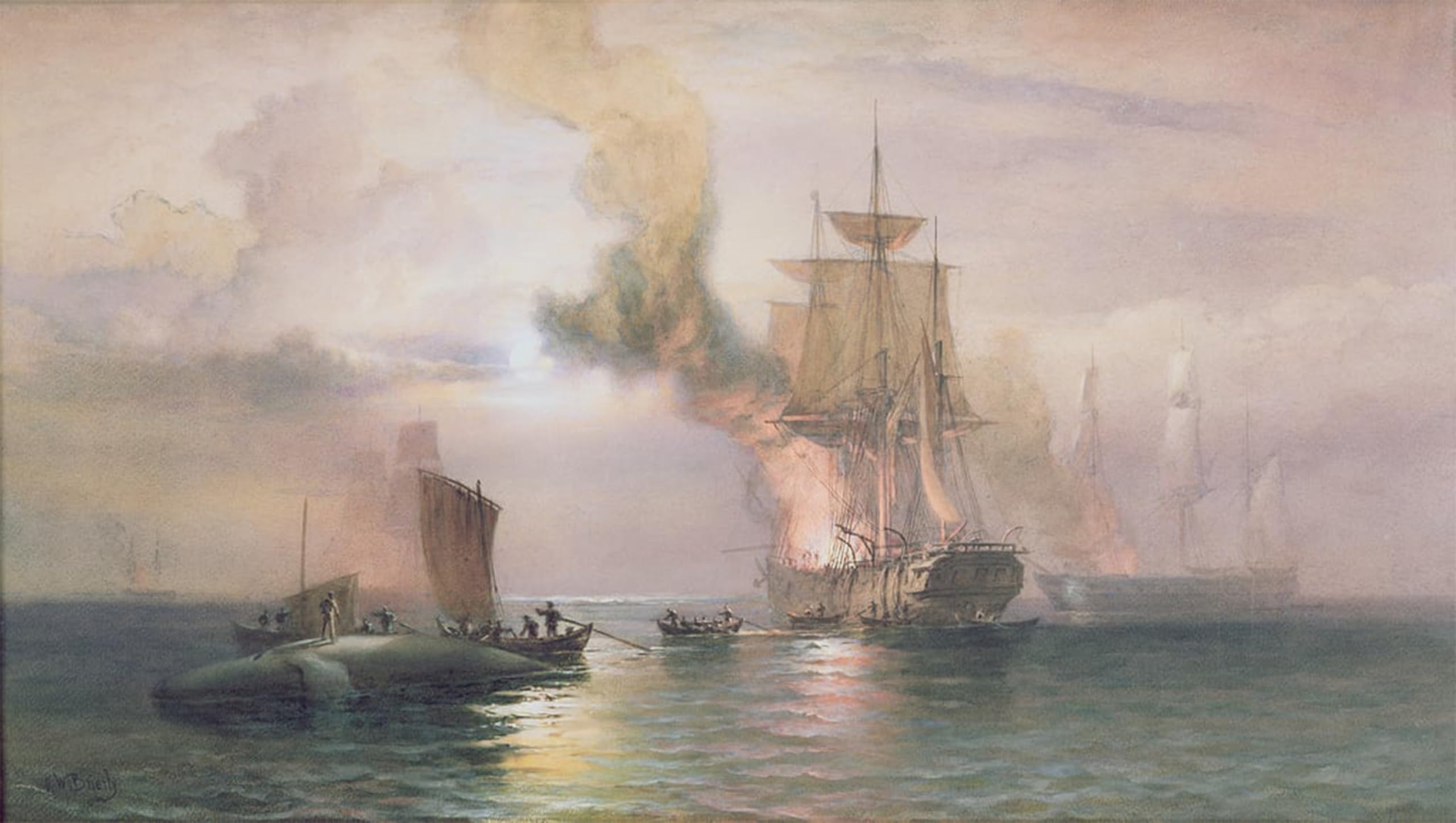 POSTERIIk Vintage Classic Picture Landscape Artwork South Sea Whalers Boiling Blubber with Whale Alongside by Oswald Walters Brierly Portrait Canvas Painting for Office Home Decor 60x90cm