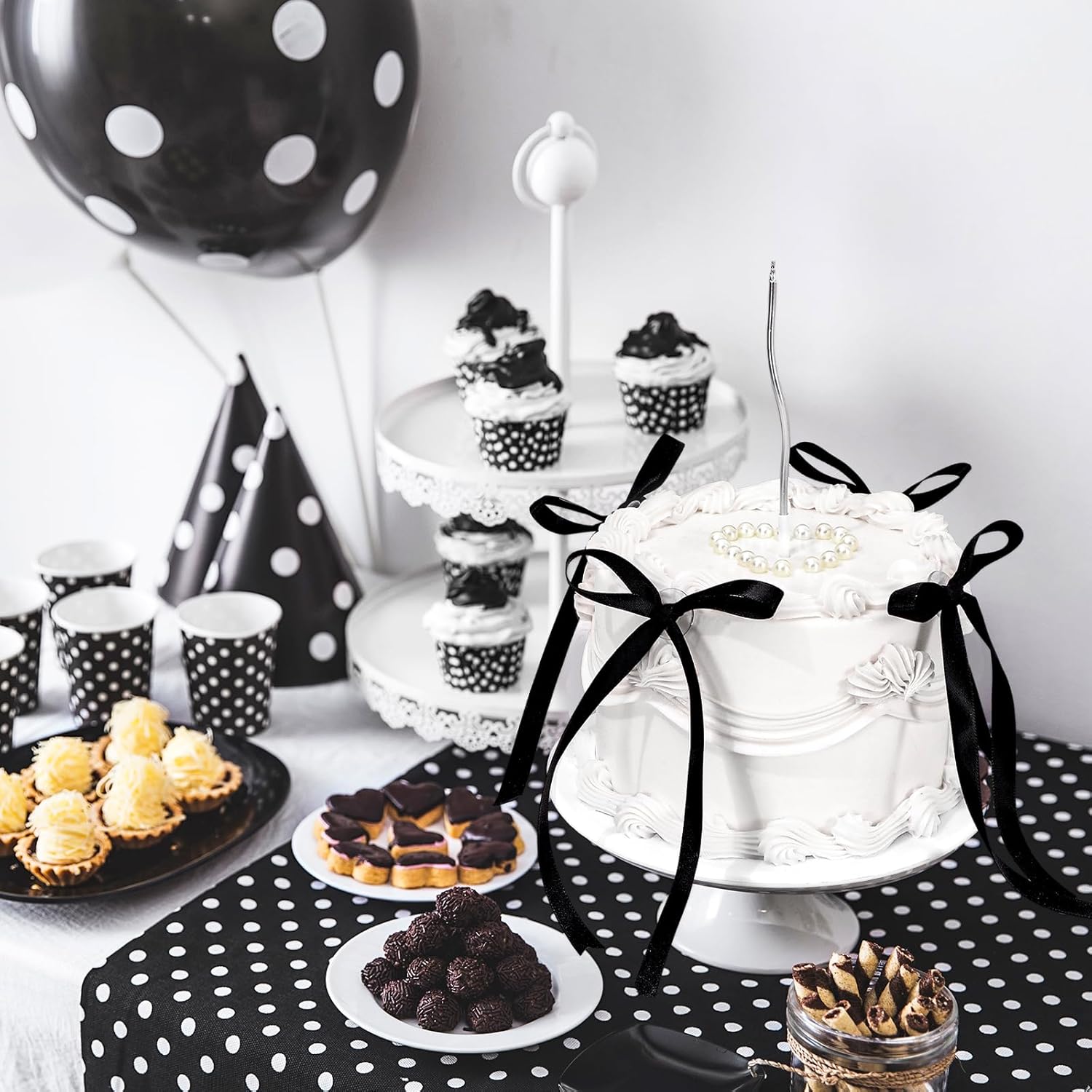 JarThenaAMCS 6 Inch White Fake Cake with Black Bows Round Artificial Cake Coquette Dessert Decor for Birthday Wedding Party Display Photo Props Supplies