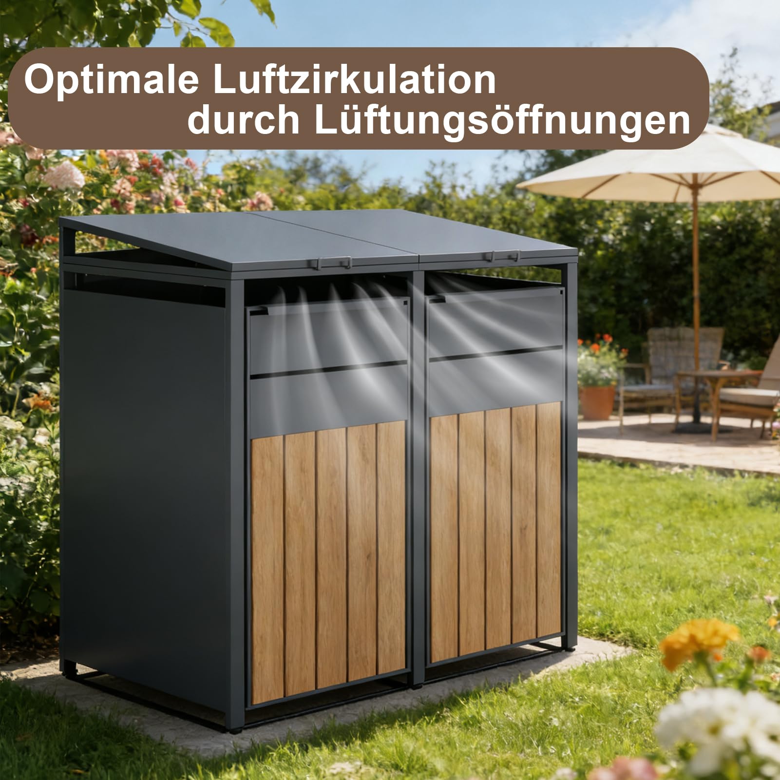 OMERAI Mülltonnenbox 2er für 2 Mülltonne bis 240L - Hochwertige Mülltonnenverkleidung - Wetterfest- Anthrazit Verzinkter Stahl mit Holzoptik - Müllbox Mülltonnecontainer