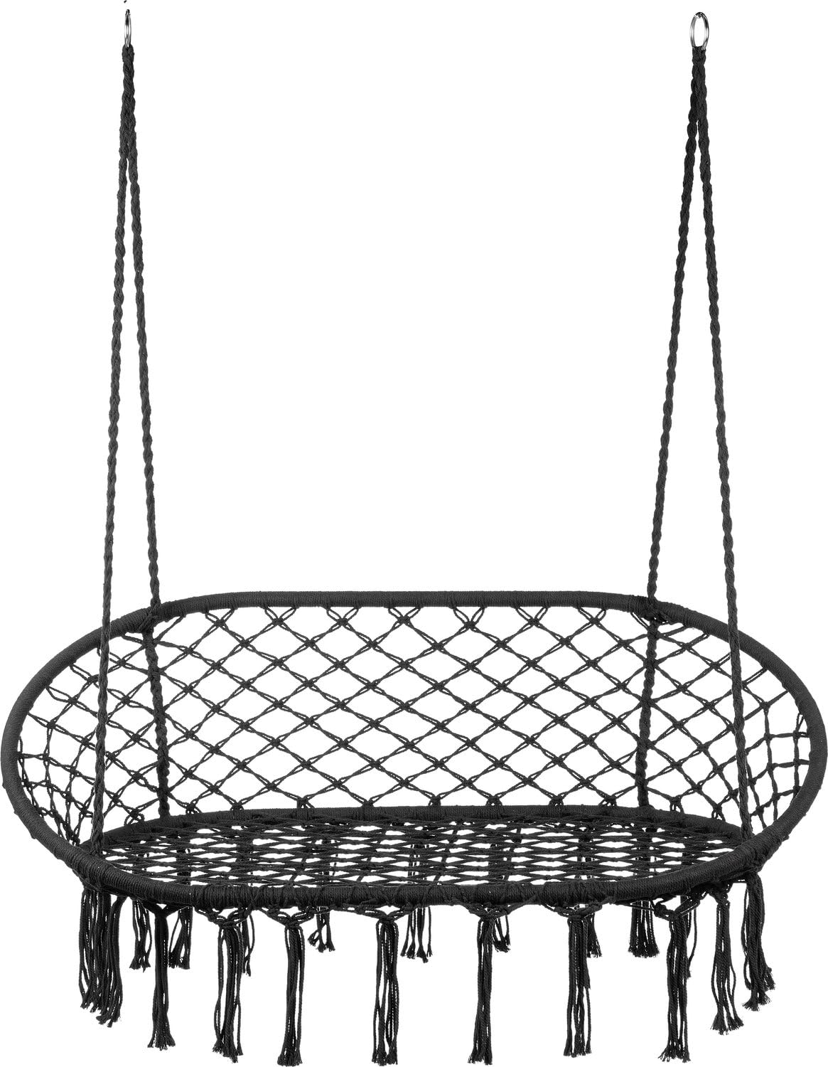 Sedia Sospesa Doppia Stile Boho 130×75 cm – Capacità 200 kg, Telaio Metallico, 4 Corde con Anelli, Interno/Esterno, Frange, Bianca, Balcone Giardino Poltrona Sospesa
