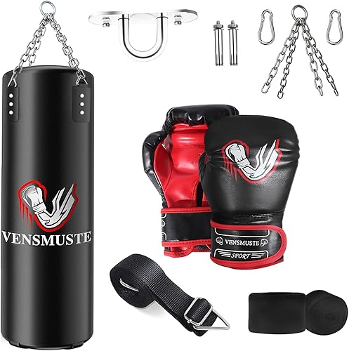 Vensmuste Punching Bag for Kids, 2FT PU Boxing Bag Set, Kids Punching Bag with 6oz Boxing Gloves, Hand Wraps, Hanging Straps, Chains, etc. Suitable