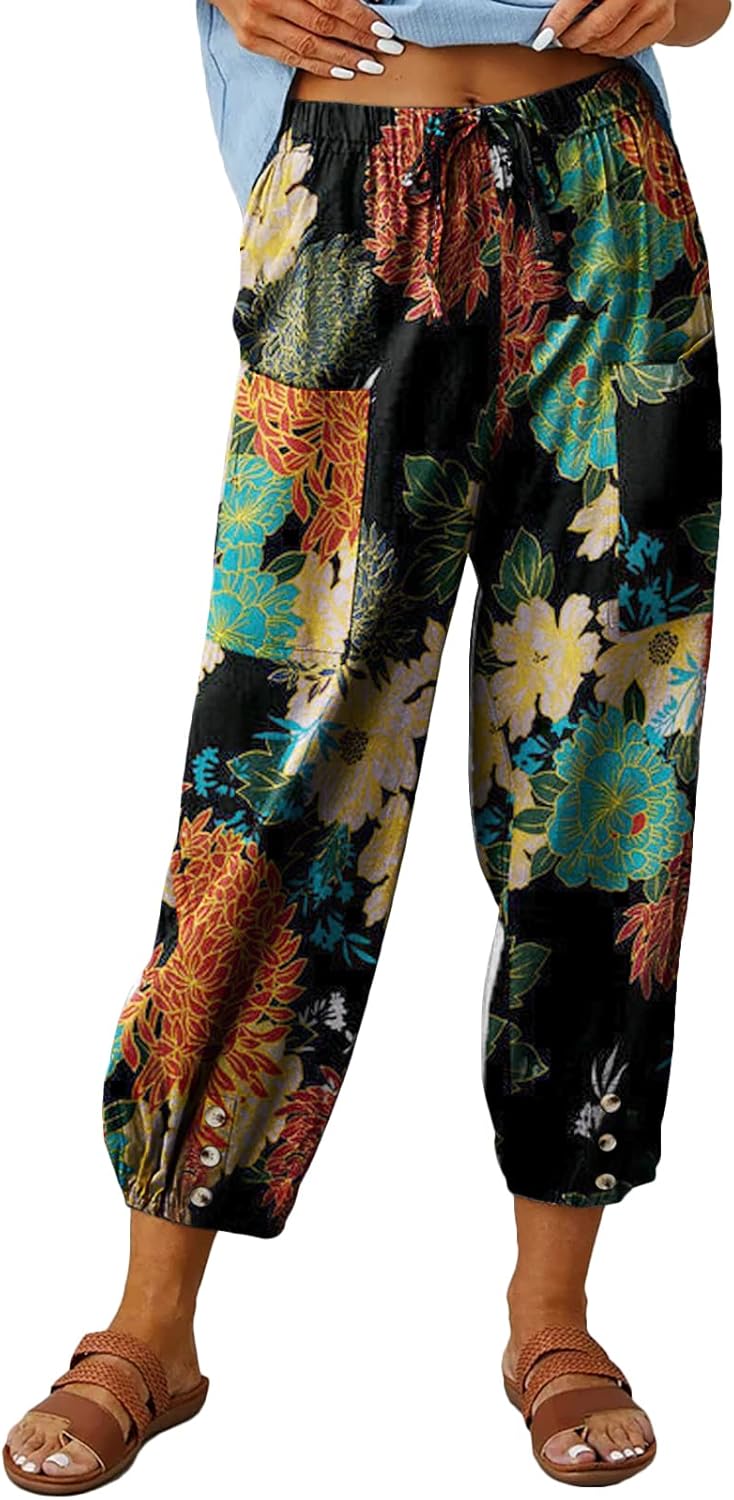 Women's Capri Pants High Waist Drawstring Cinch Bottom with Button Cotton Loose Casual Trouser with Pockets