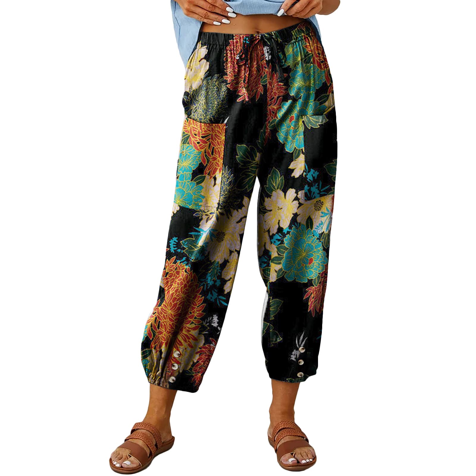 Womens Capri Pants High Waist Drawstring Cinch Bottom with Button Cotton Loose Casual Trouser with Pockets