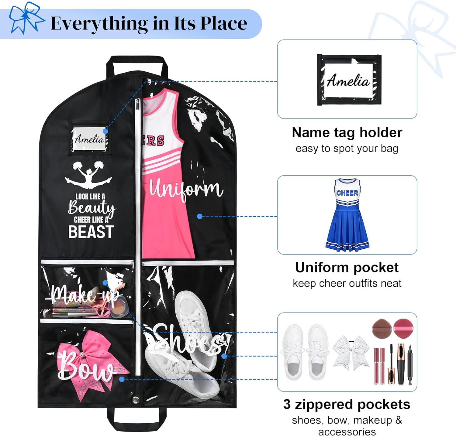 DEEKA Cheer Garment Bag for Hanging Clothes with Zipper Pockets Cheer Accessories Mom Essentials Uniform Costume 40 Inch Black Bags Stuff for Cheerleading Girls (Black,White-Cheer Quote) - Image 3