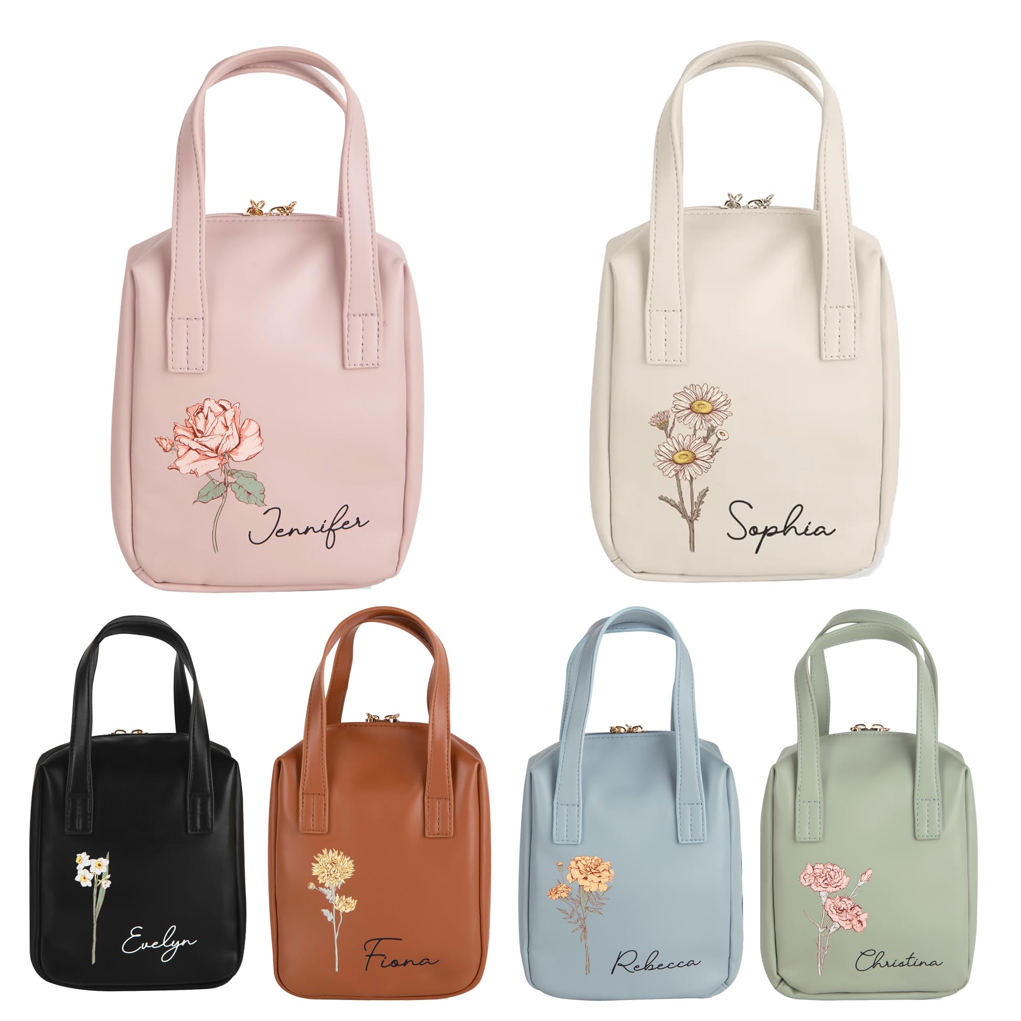 BYFDIY Custom Travel Makeup Bags For Women Leather Personalized Name Birth Flower Cosmetic Travel Bags Water Repellent Toiletry Bag With Zipper Handle