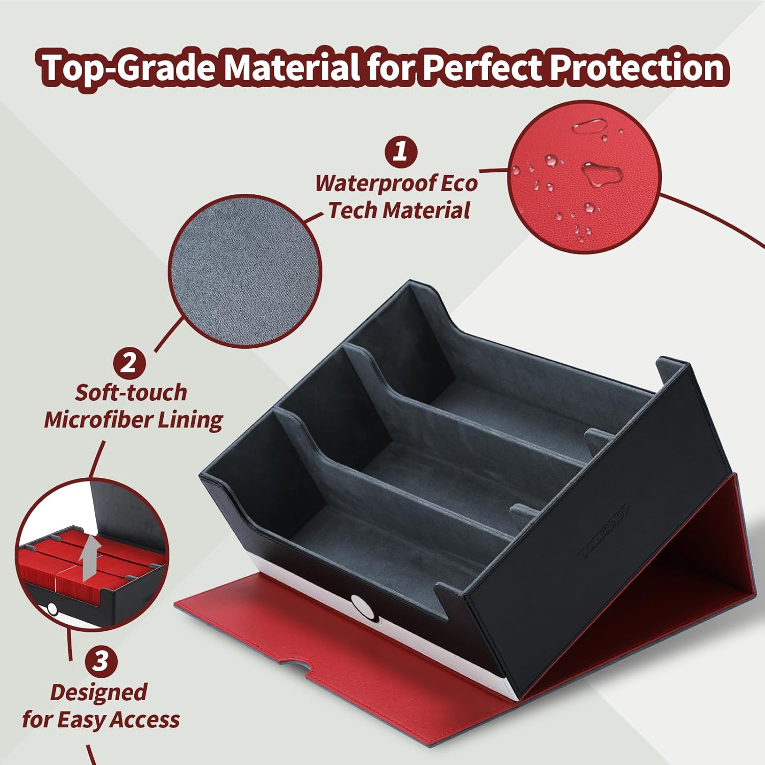 tombert Card Storage Box - 1800+ Capacity Case with 6 Dividers & Secure Magnetic Seal for TCG, MTG, YuGiOh, Sport Cards (3 Rows-White & Red)