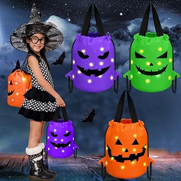 Talltalk 3 Pcs Halloween LED Bucket Drawstring Bags,Orange,Green, Purple
