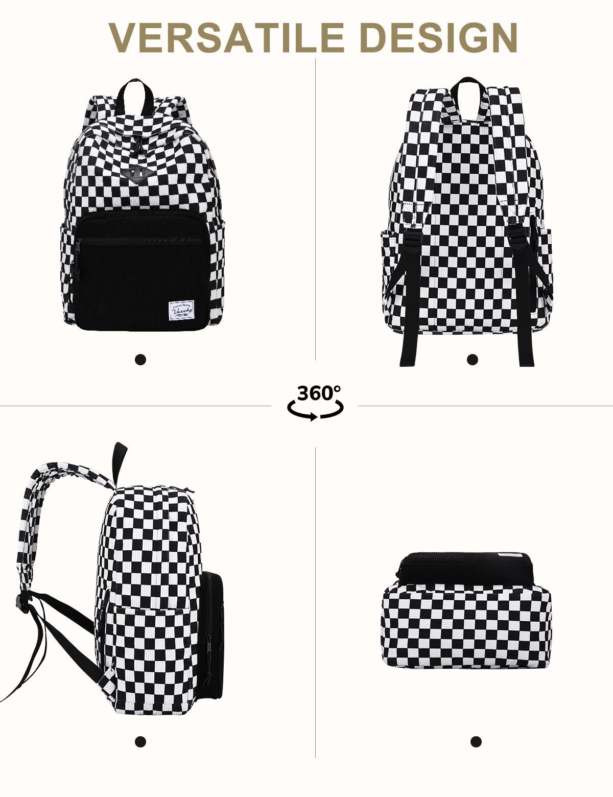 VASCHY Mochila de Pana a Cuadros Negro/Blanco, Ligera 17,7 L, para Portátil 15,6", Colegio Primaria Secundaria Instituto, Mujer y Adolescente, Daypack Casual