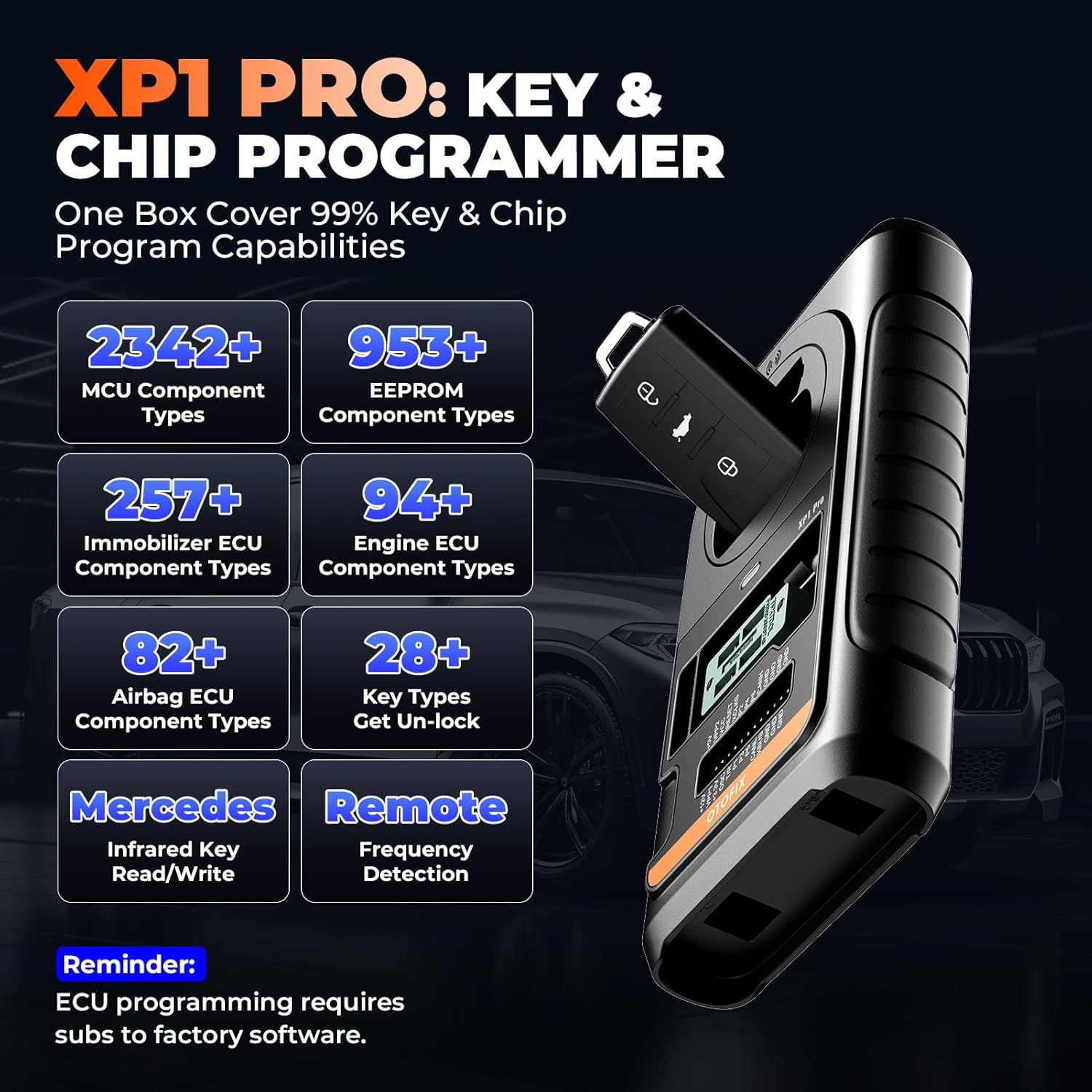 Focus on the XP1 Pro Key & Chip Programmer, detailing its capabilities for MCU, EEPROM, and ECU component types.