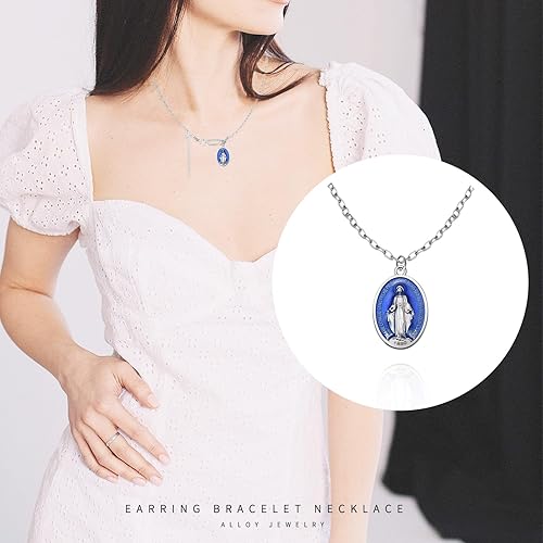 Vista 3 de 20 dijes ovalados de Medalla de la Virgen Milagrosa de aleación de esmalte azul Nuestra Señora para mujeres y hombres, collar católico de bricolaje