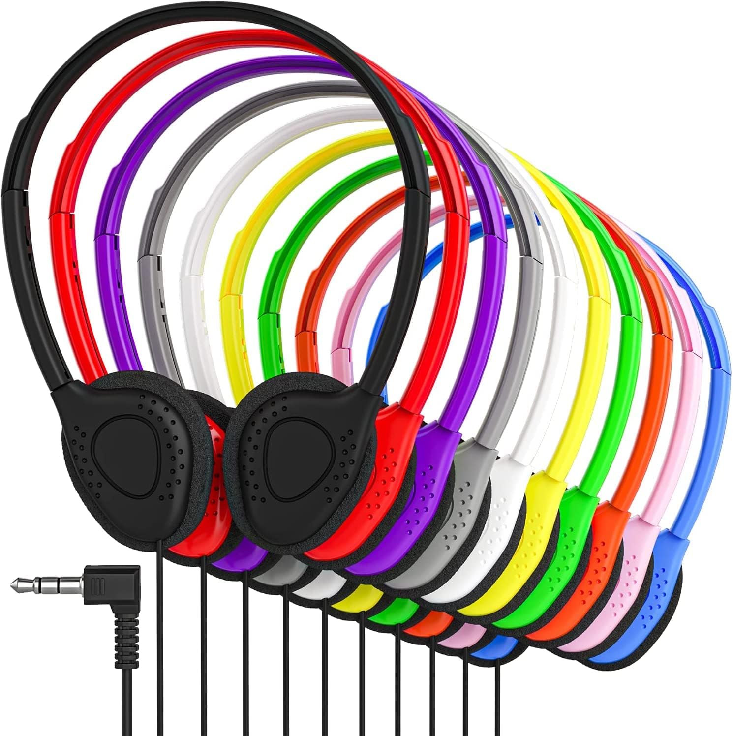 Maeline Bulk On-Ear Headphones with 3.5 mm Headphone Plug - 10 Pack Wholesale Bundle - Multi Color